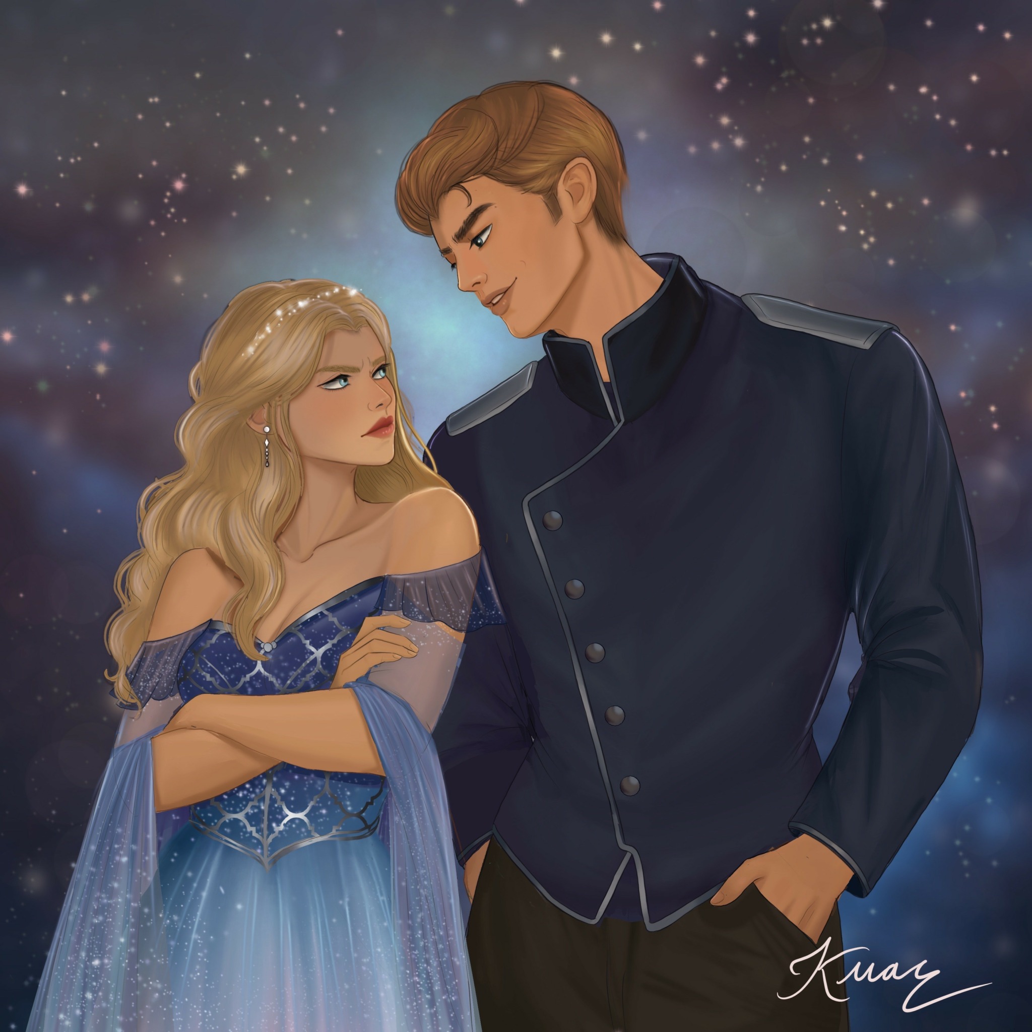 A young woman with long blonde hair and a young man with short hair stand close, gazing at each other against a starry background.