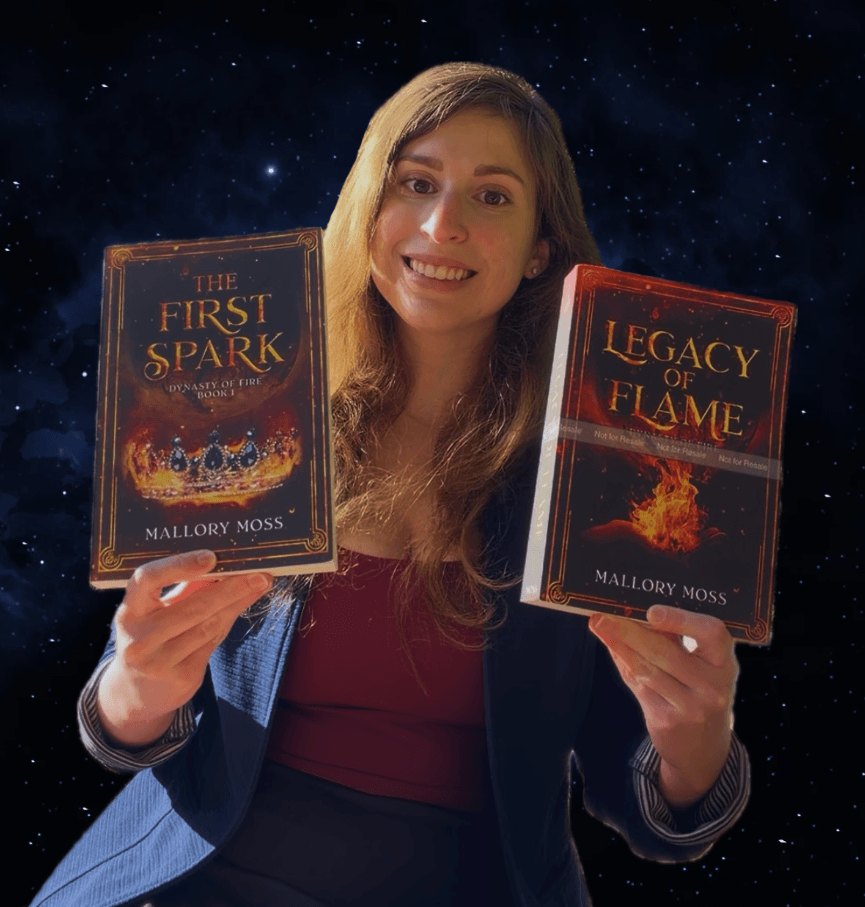 Woman holding two books, one titled 'The First Spark' and the other 'Legacy of Flame,' against a starry background.
