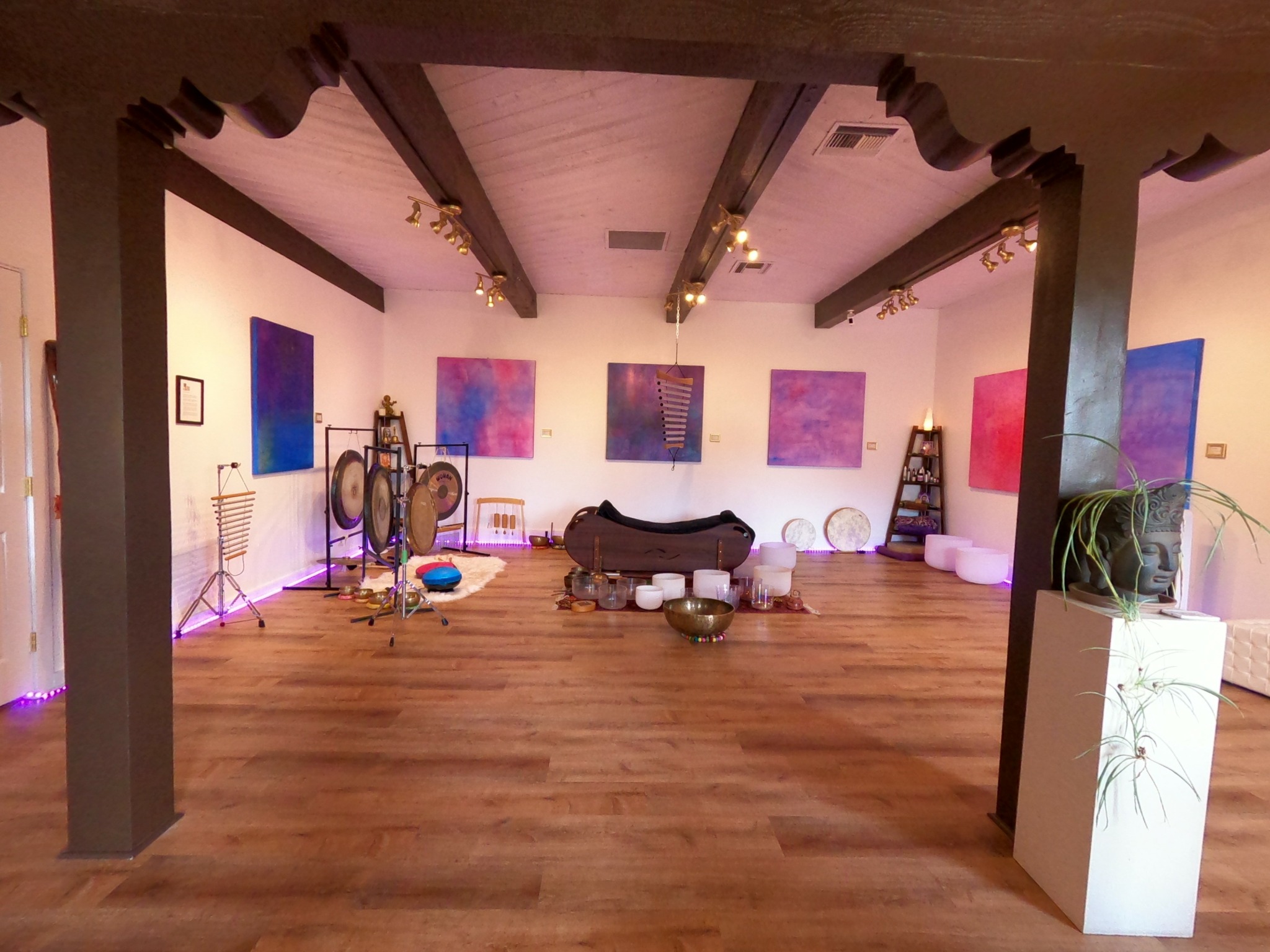 Open room with wooden floor, colorful paintings on white walls, black sofa, and various objects including plants and furniture.