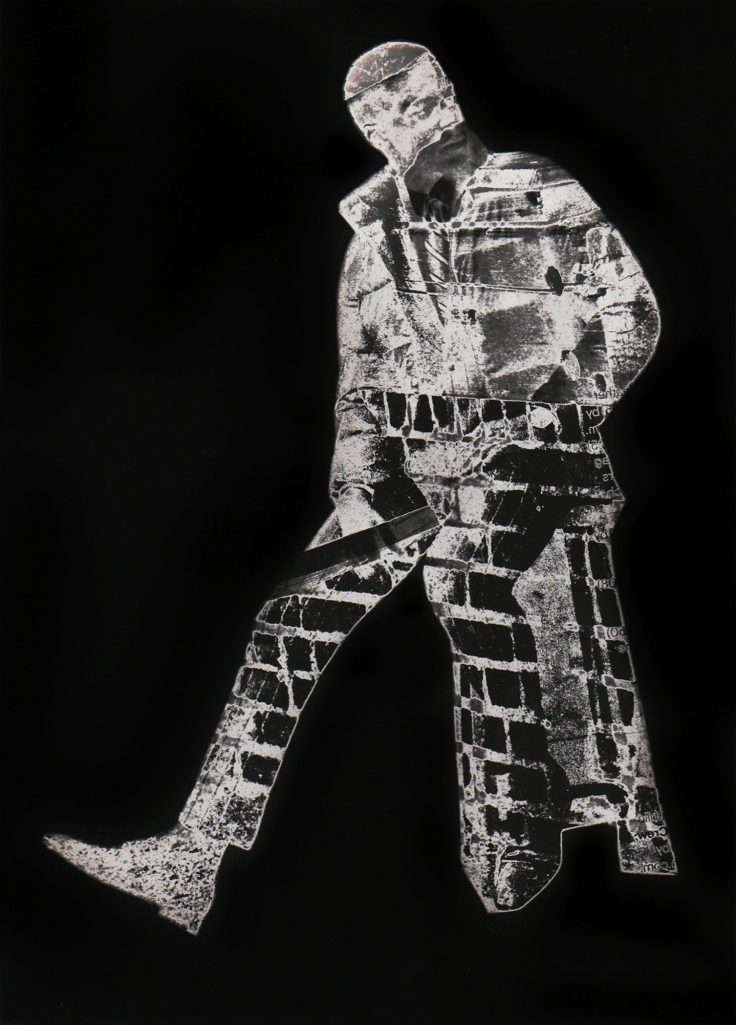 Silhouette of a person walking, filled with a textured, brick-like pattern, against a black background.