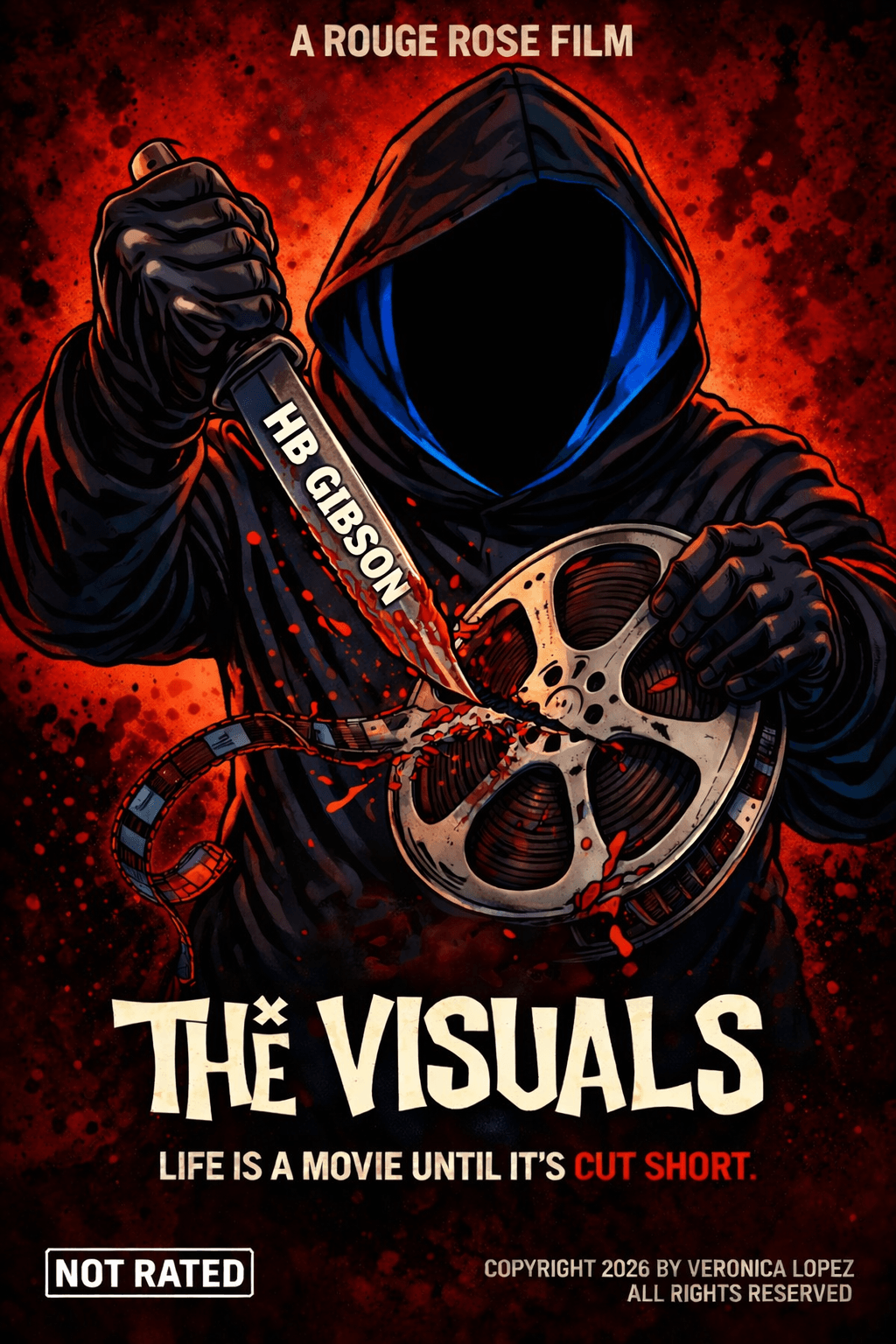 Person in dark hoodie holding film reel and bloodied knife with red background.