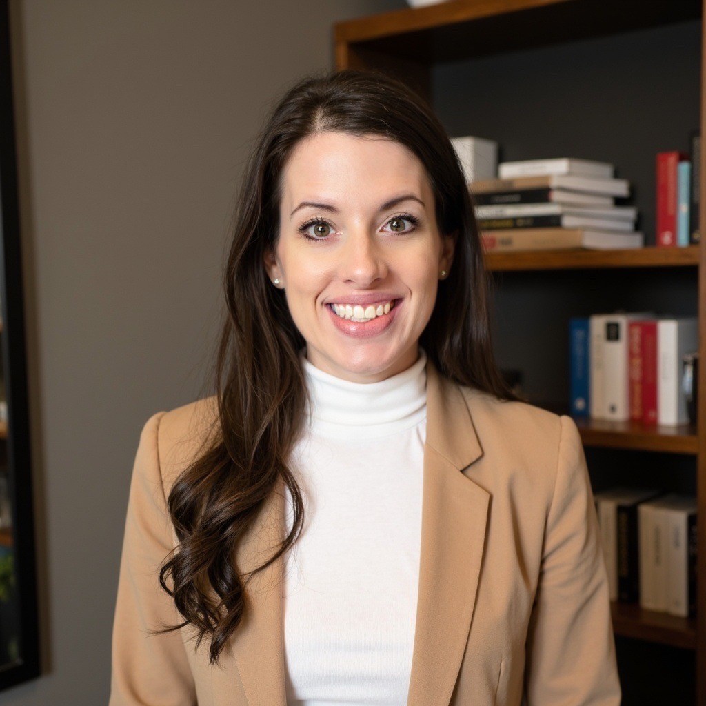 Woman with long dark hair smiling, wearing a beige blazer and white turtleneck, standing in front of a bookshelf.