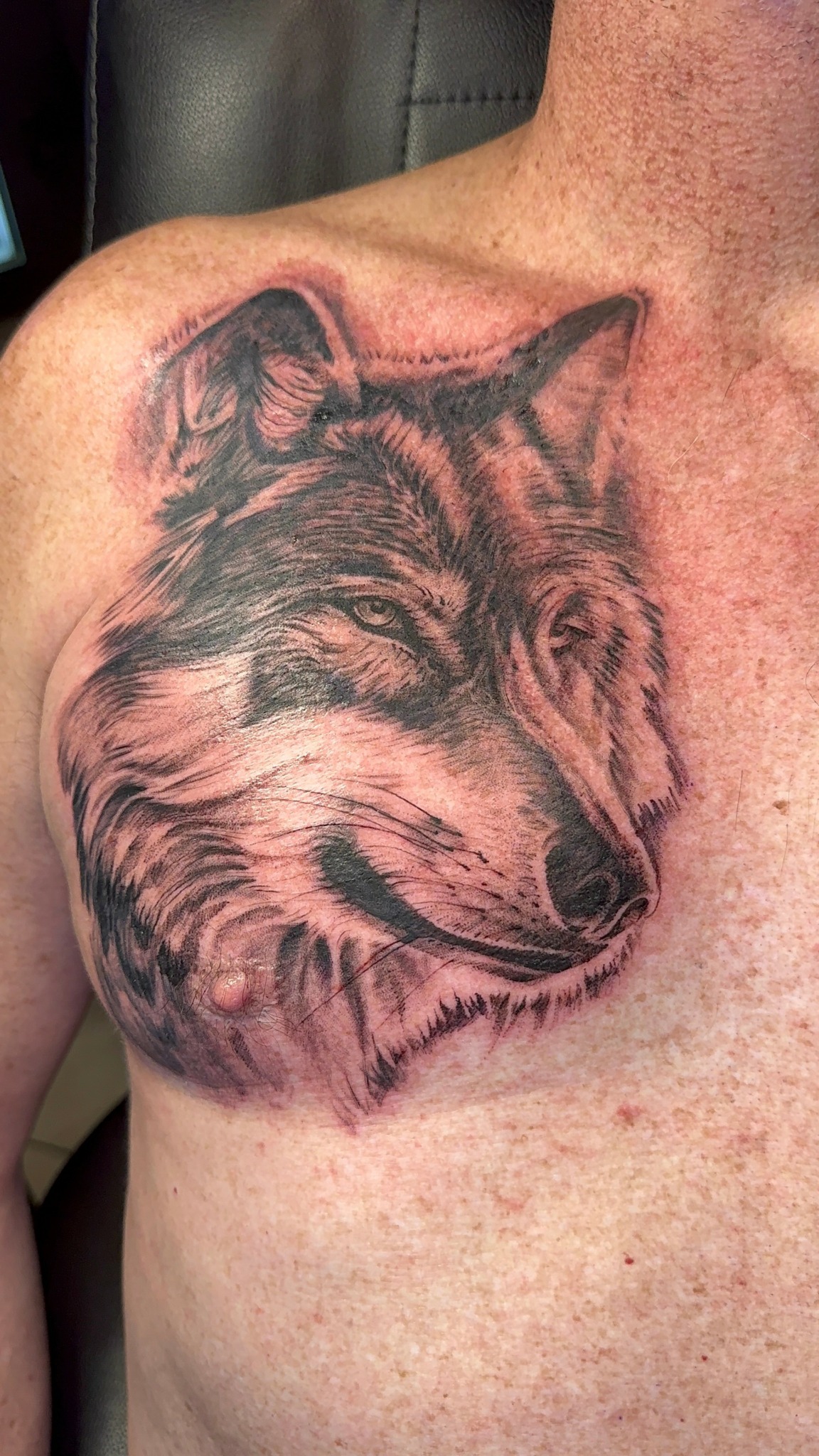 Black and gray wolf tattoo on person's shoulder with detailed fur and facial features.