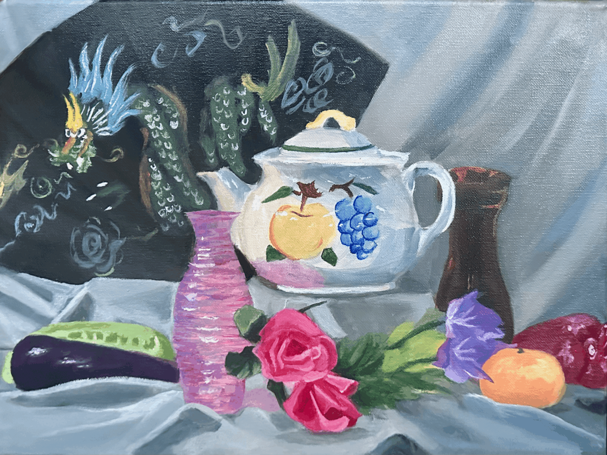 Colorful still life with a peacock, teapot, pink vase, flowers, and fruits on a table.