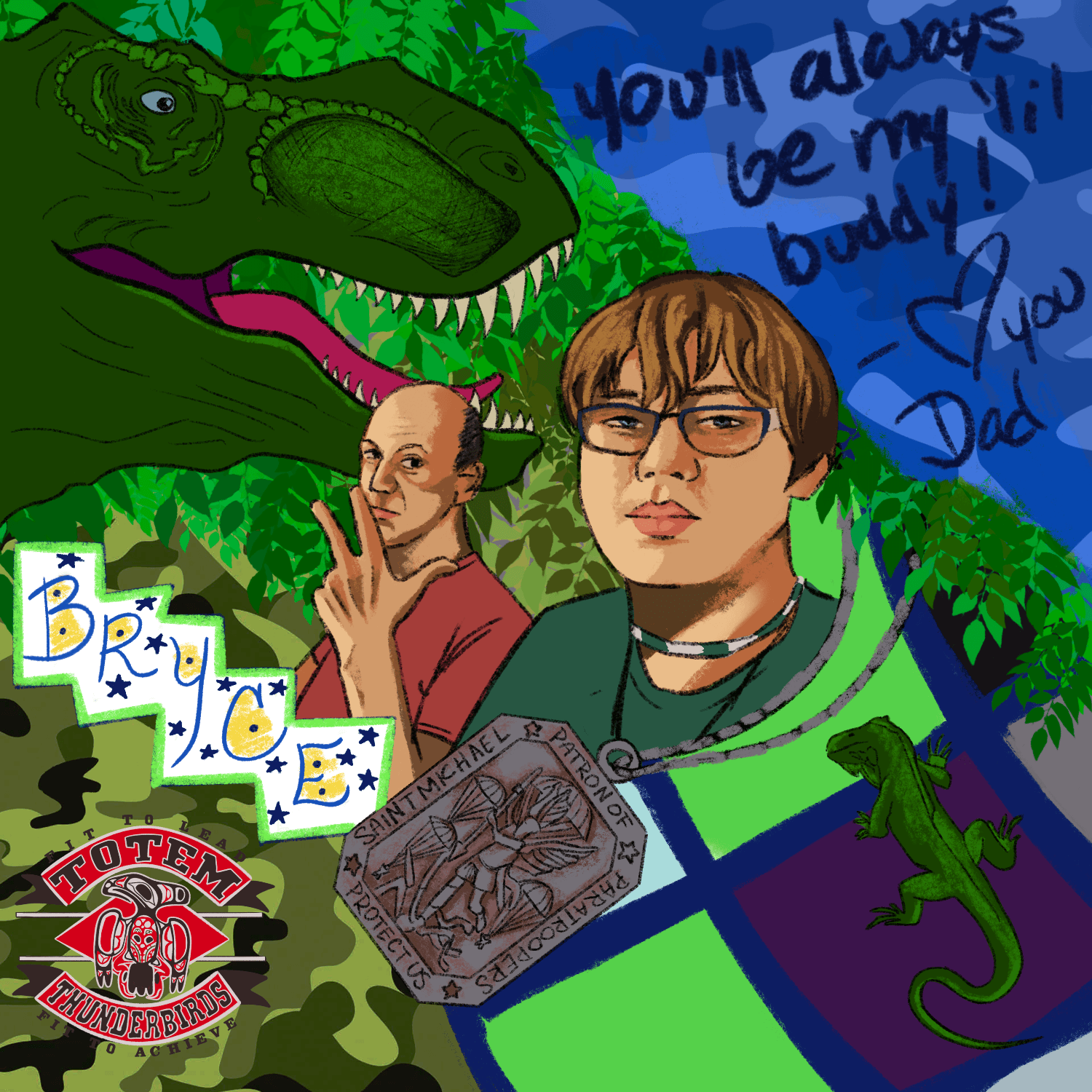 Two people in front of a dinosaur illustration, with handwritten messages and stickers, including a lizard and a badge.