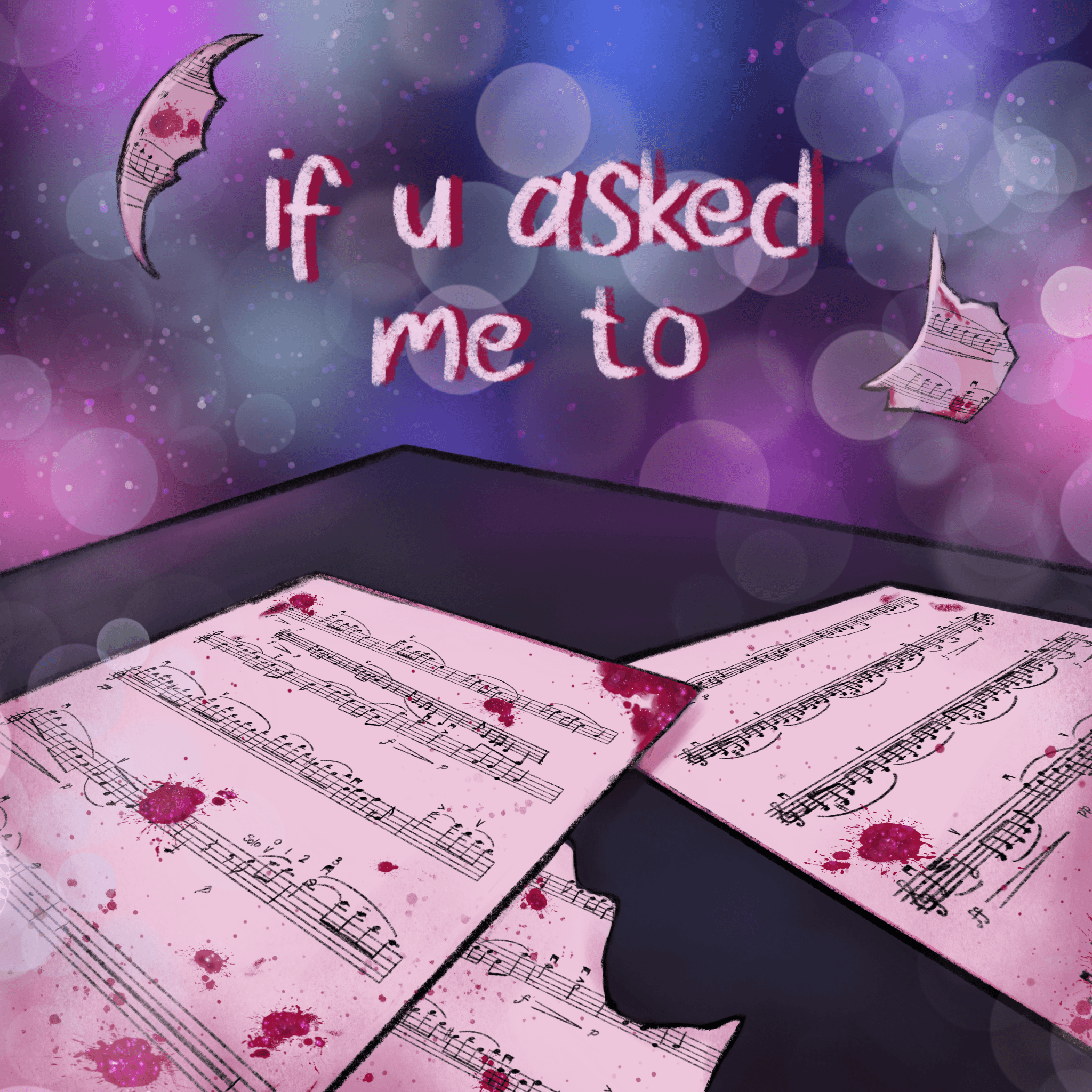 Open sheet music with pink paint splatters, floating paper notes, and a colorful background with bokeh lights.