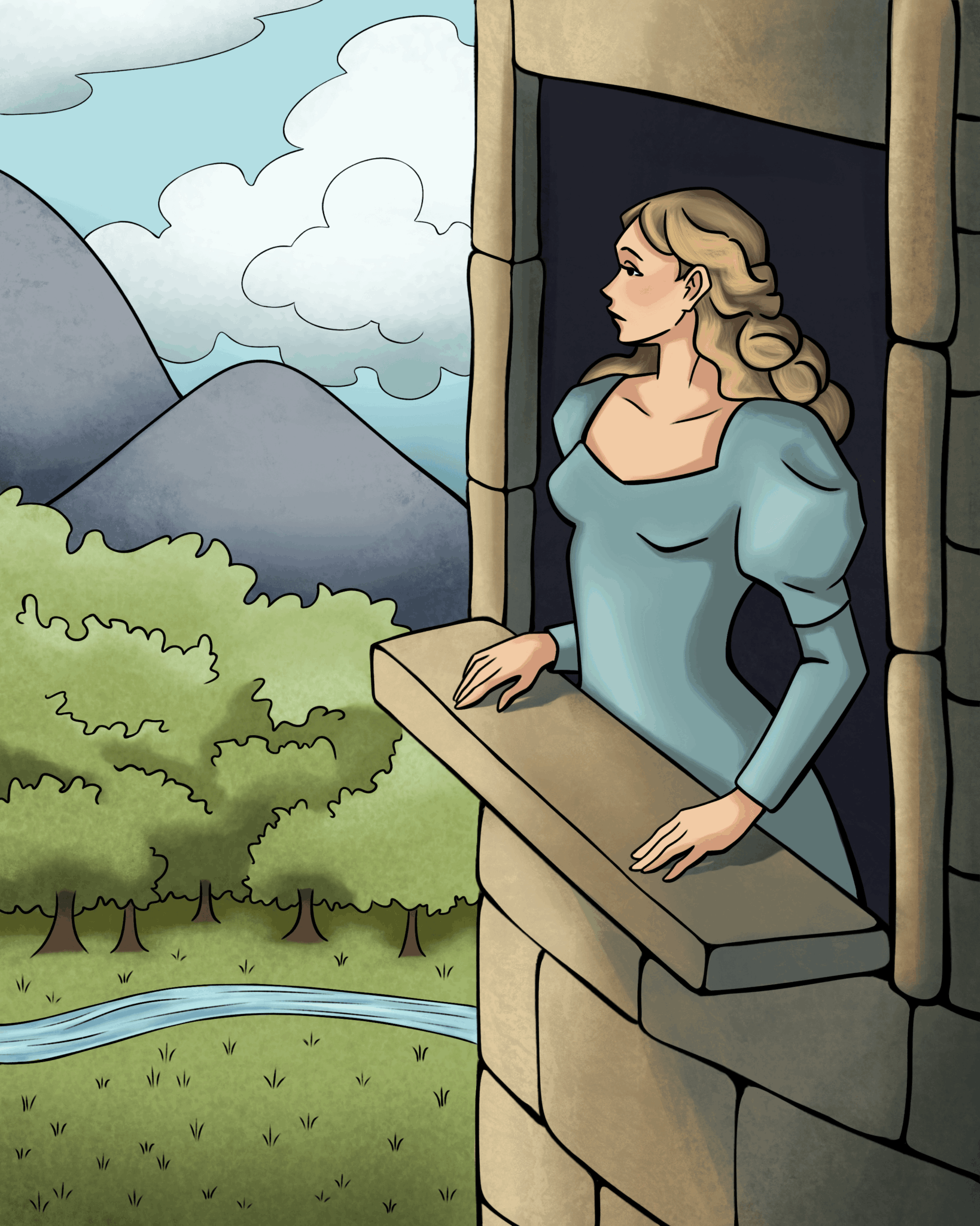 Woman with wavy hair looking out from a stone balcony over trees, mountains, and a river under cloudy sky.