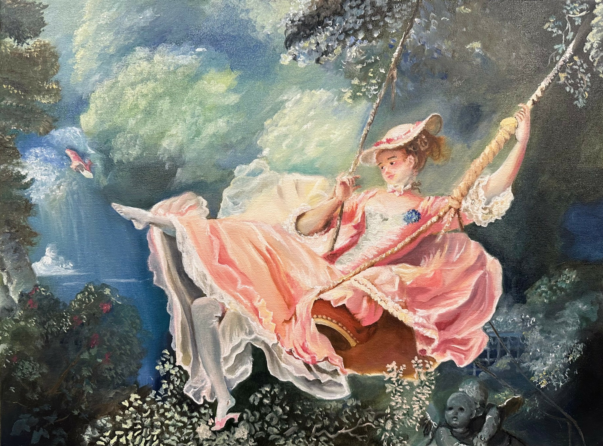 Woman in pink dress swinging on a swing surrounded by trees and foliage, with a bird flying nearby.