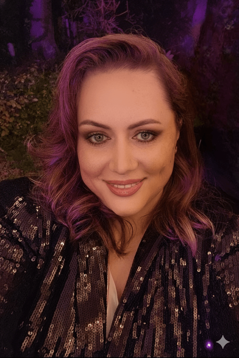 Woman with wavy purple hair smiling, wearing a black sequined top, outdoors at night with purple lighting.
