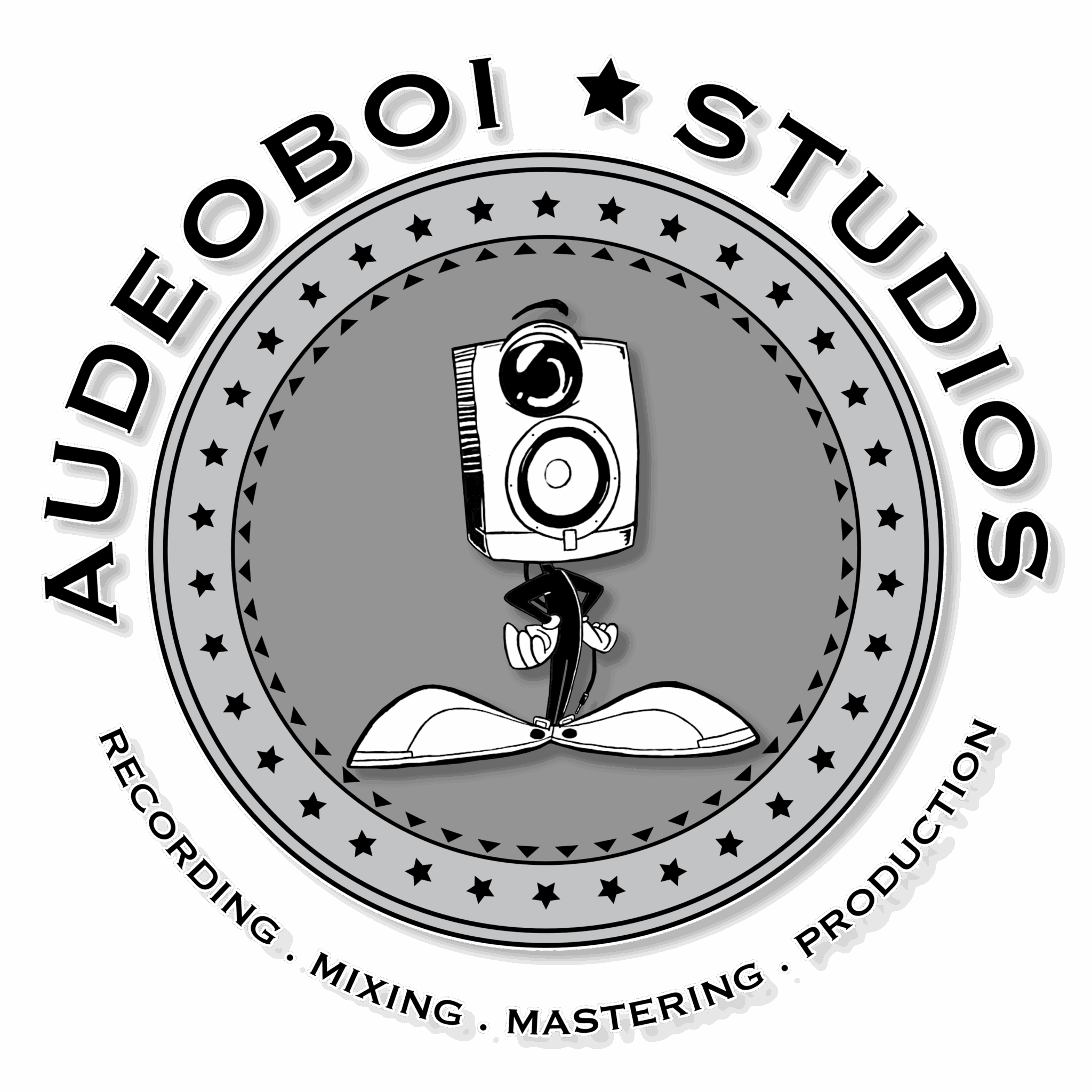 Logo with a speaker character, surrounded by text and stars, on a black background.