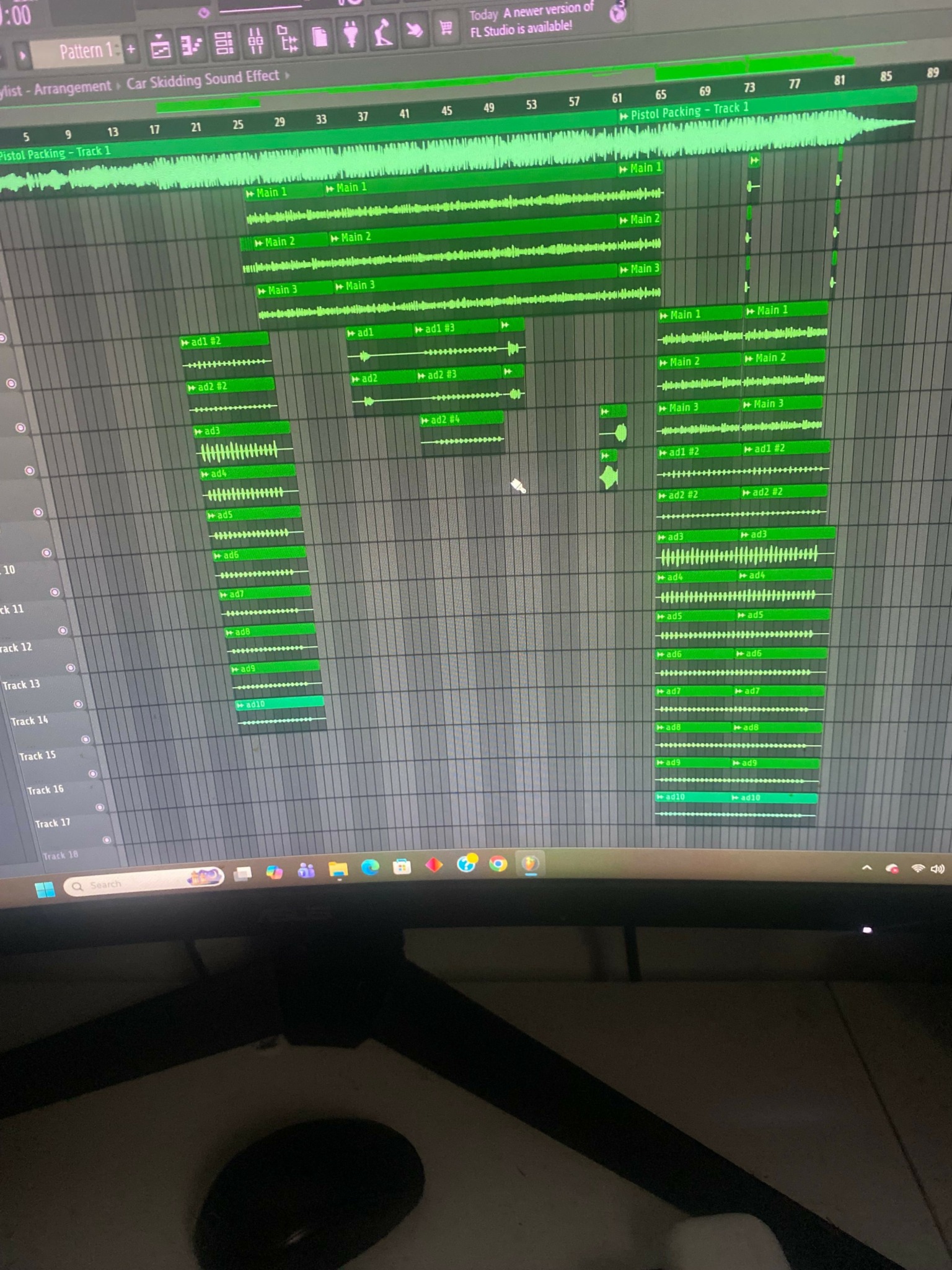 Computer screen displaying a digital audio workstation with multiple green tracks and waveforms.