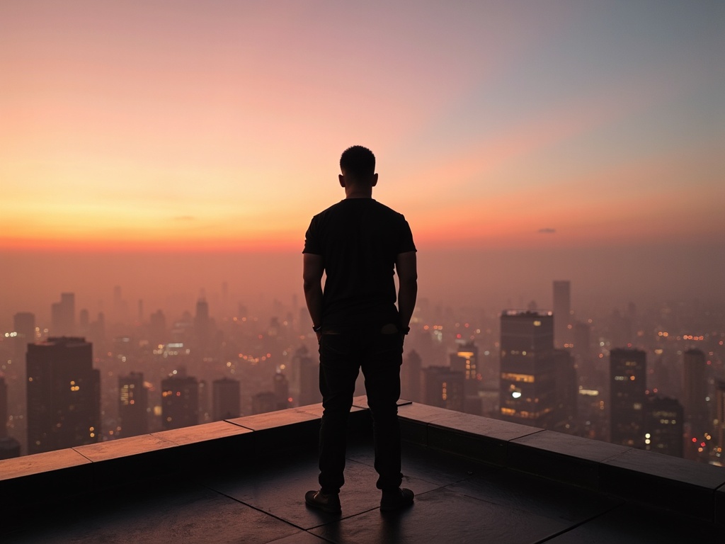 Silhouette of a person standing on a rooftop overlooking a city skyline at sunset.
