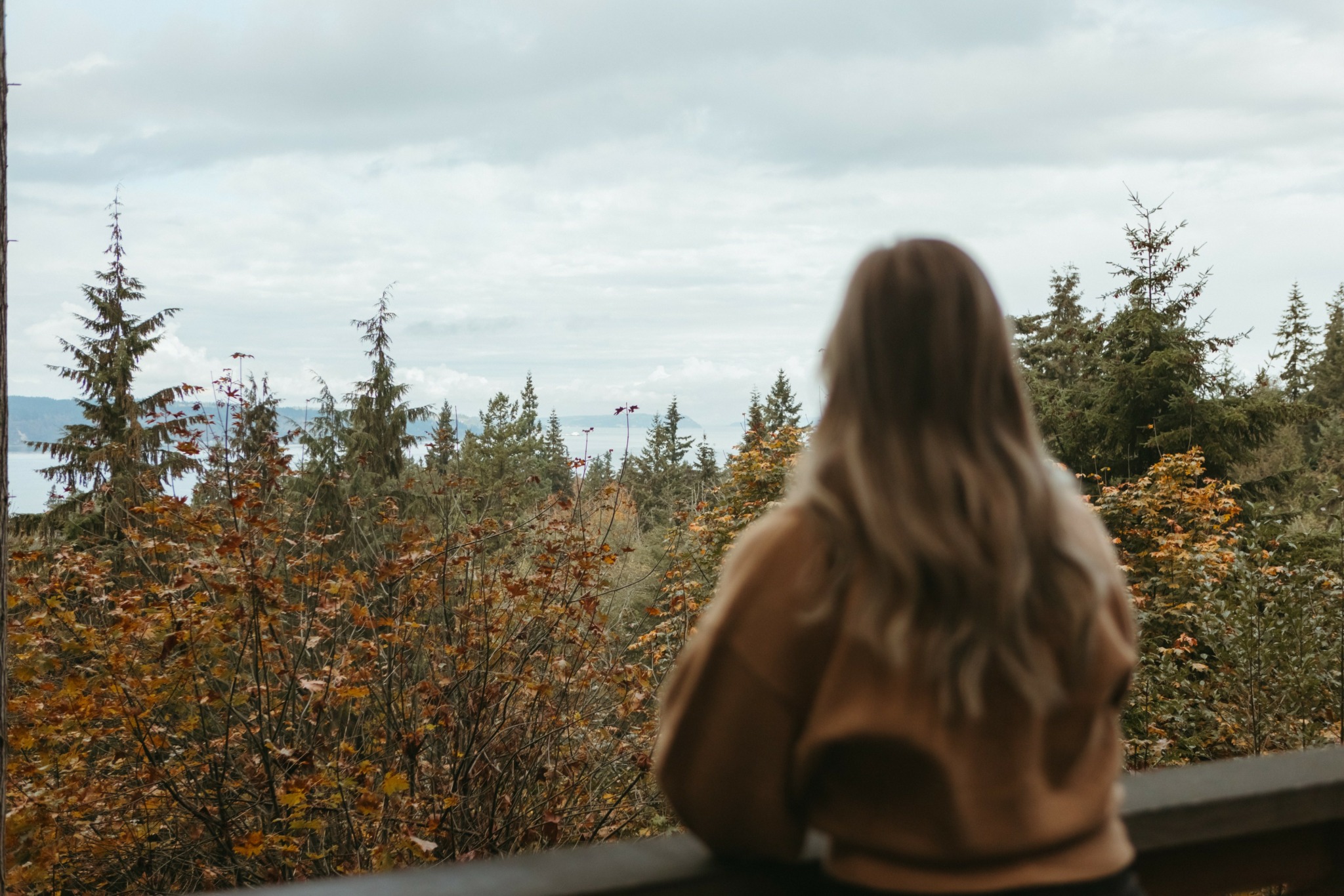 Person with long hair looking at trees and cloudy sky from a balcony or ledge.