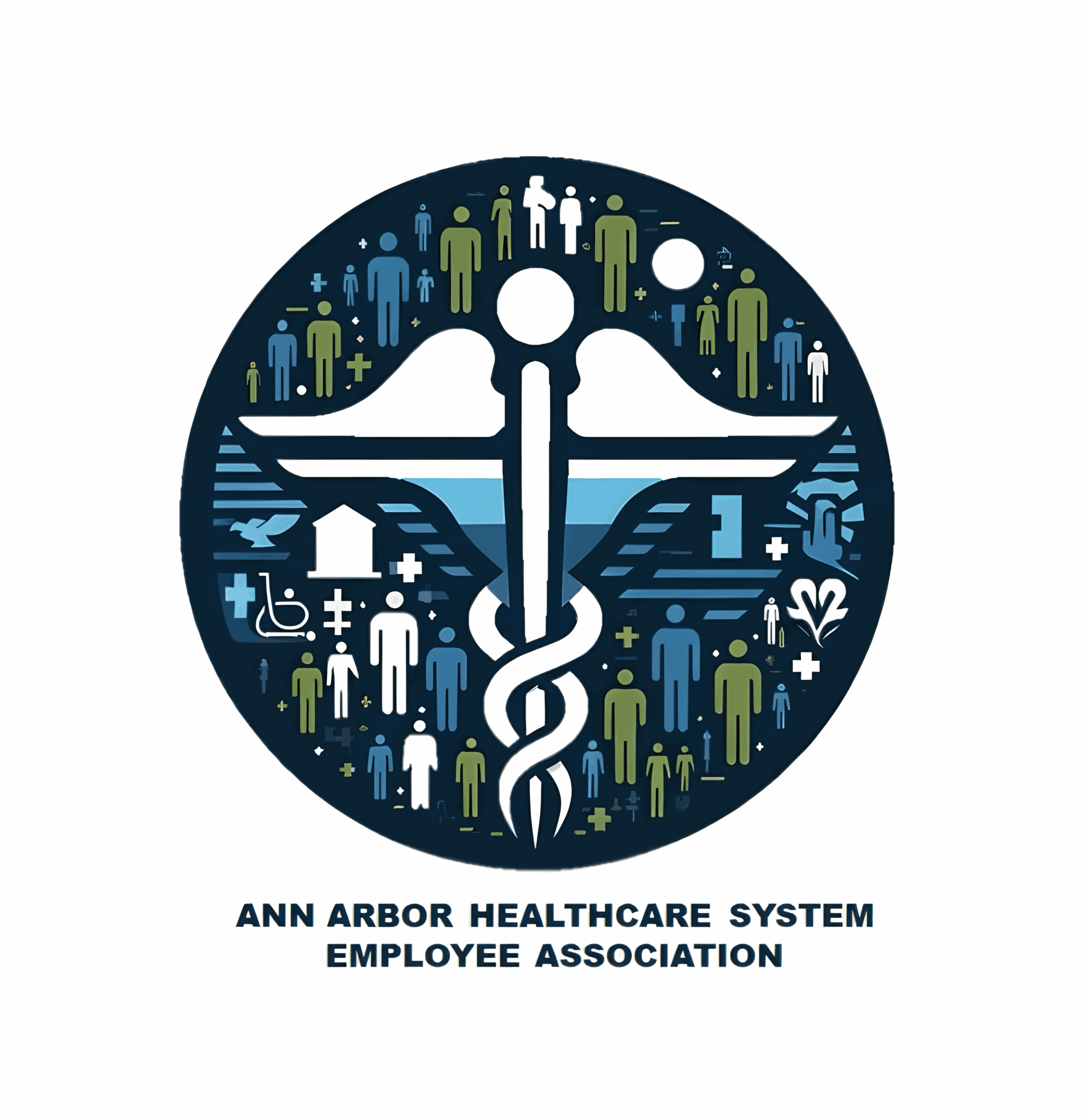 Logo with a caduceus symbol, surrounded by various icons representing healthcare and people, for Ann Arbor Healthcare System Employee Association.