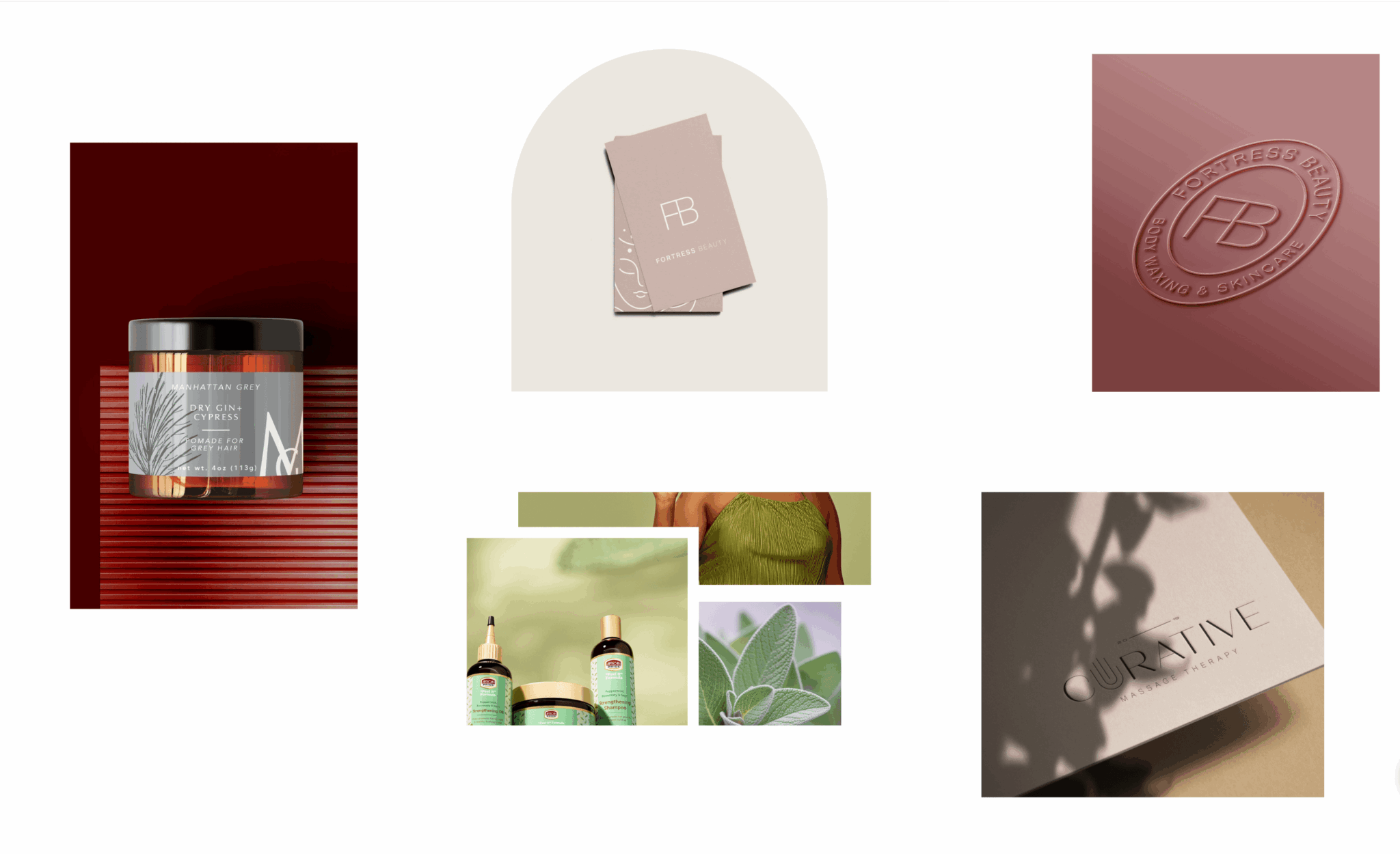 Six objects including a jar, a beige item, a red square with embossed logo, bottles, a green plant, and a paper with shadow.