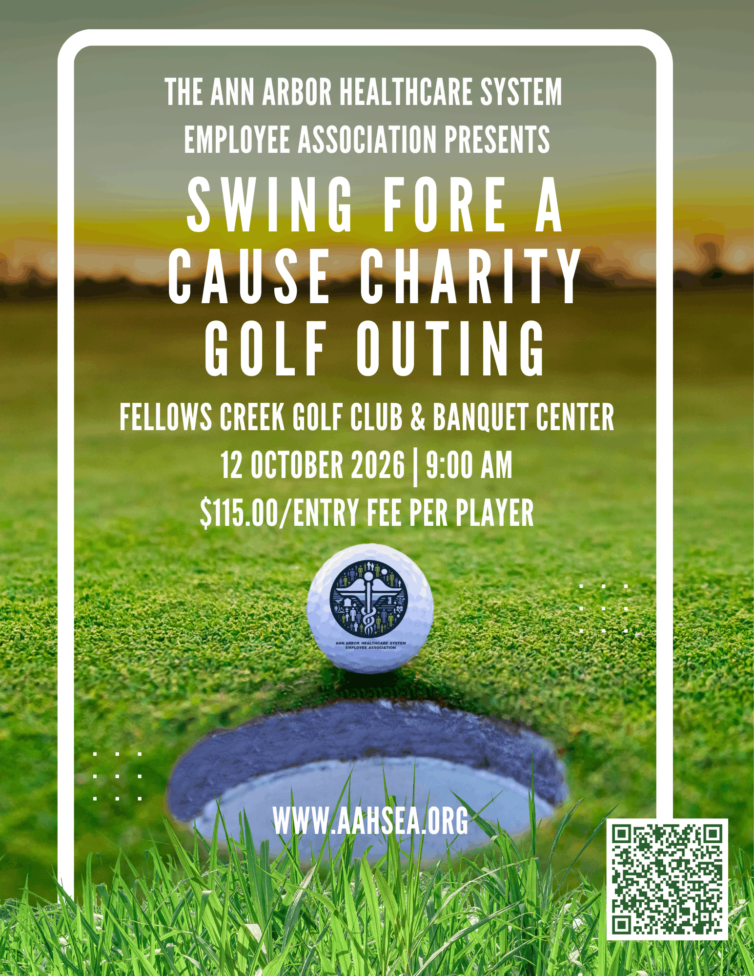 Golf ball on tee on grass with event details for charity golf outing, date, time, fee, and website, QR code in corner.