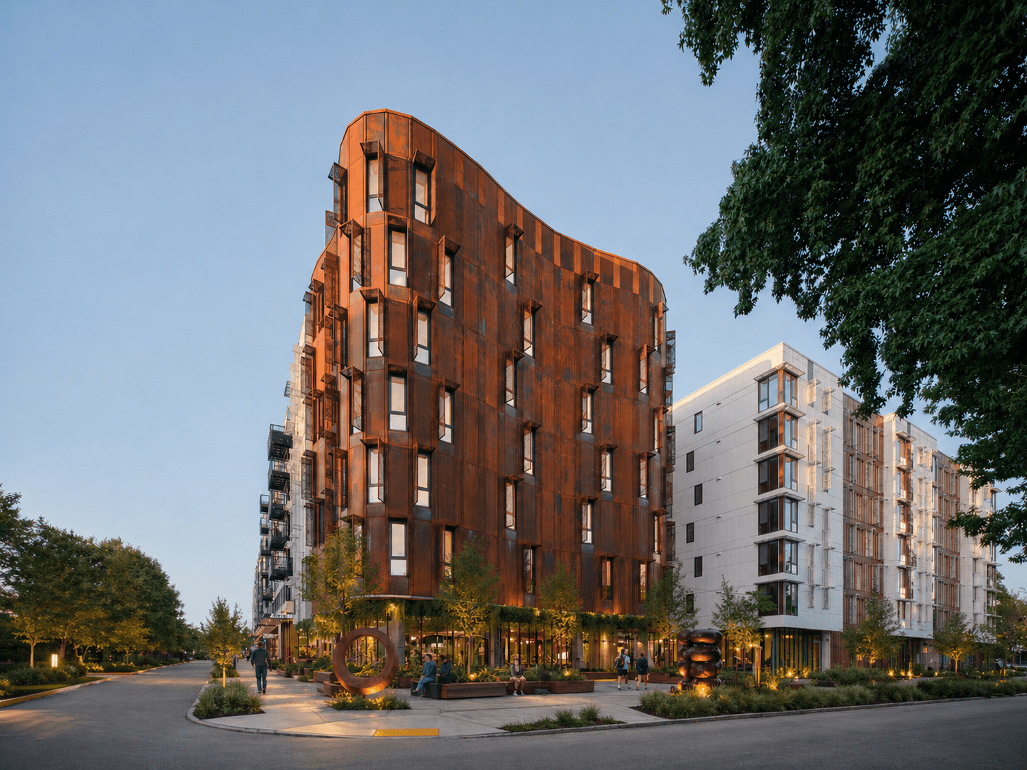 Modern multi-story building with a curved wooden facade, surrounded by trees and outdoor seating areas.