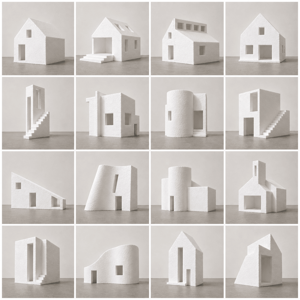 Collection of white minimalist architectural models with various shapes and structures.