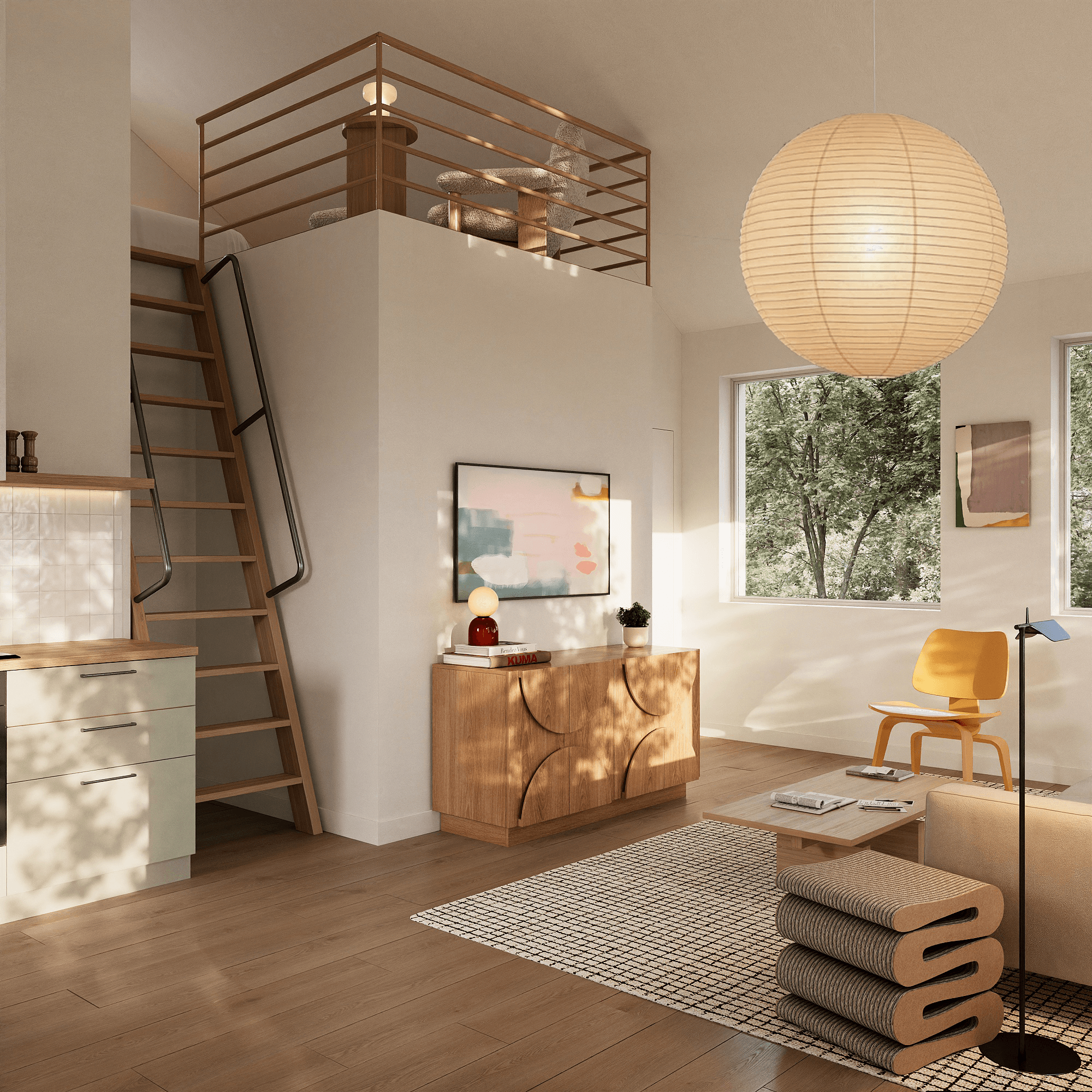 Living room with wooden floor, white walls, a window showing trees, a wooden sideboard, a large paper lantern, and a yellow chair.