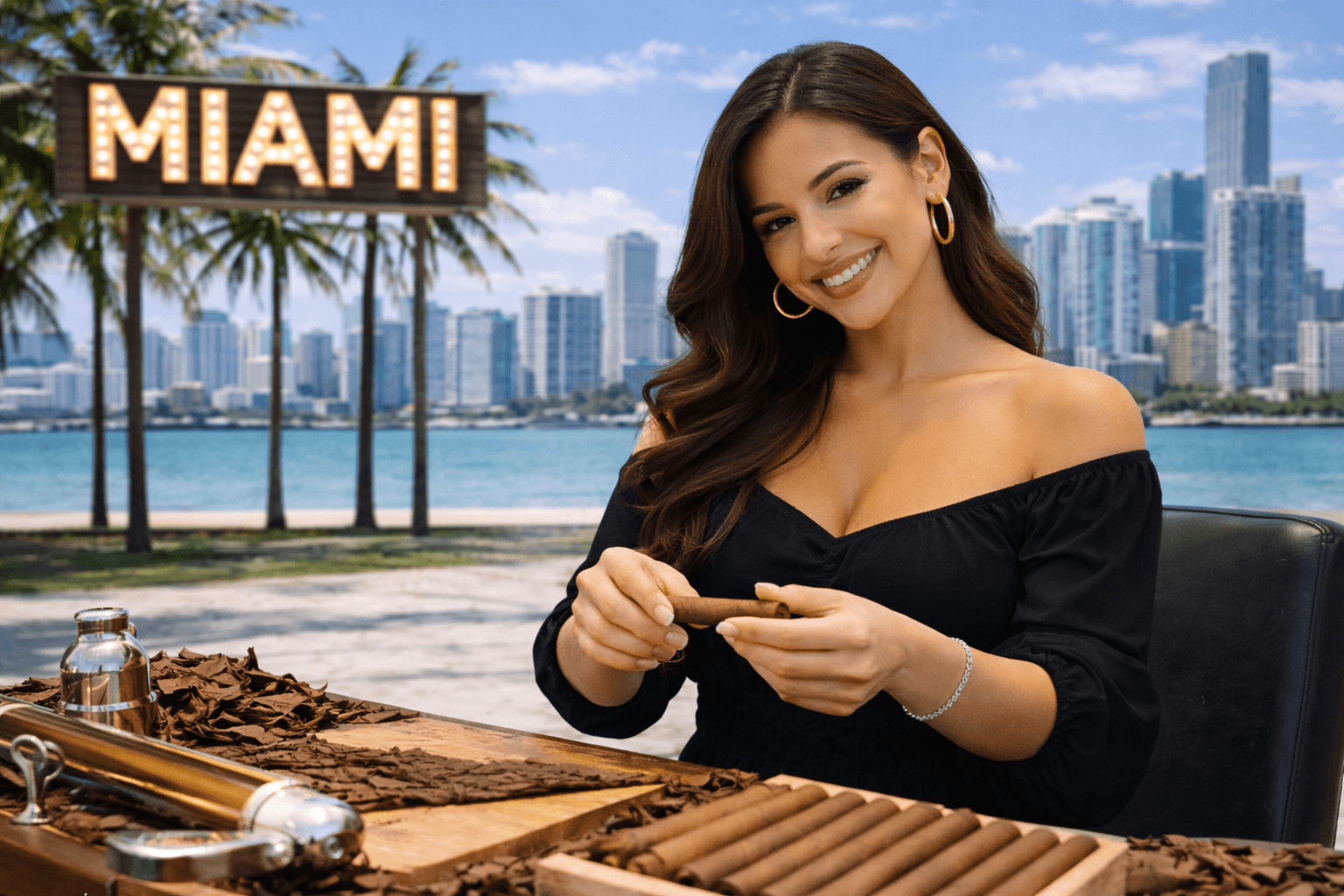 Woman smiling at a table outdoors with Miami skyline and water in background.