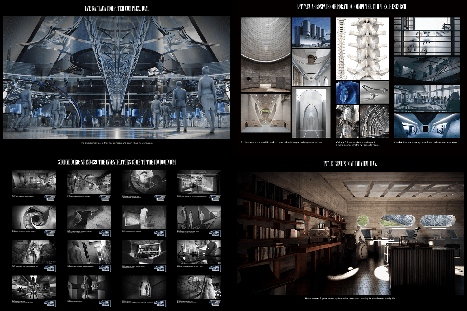 Collage of images including futuristic interior, various objects, and a modern library with seating and bookshelves.