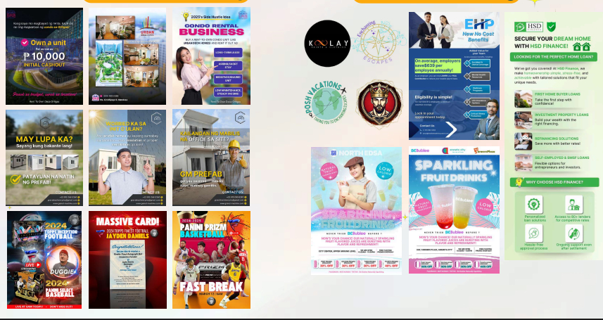 Collection of various flyers and posters with text and images, including advertisements and informational content.