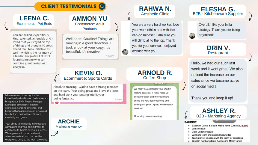 Client testimonials with names, comments, and thank you messages, arranged in a grid layout with colored highlights.