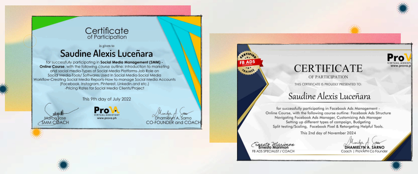 Two certificates, one blue and one white, with text and logos, placed side by side on a surface.