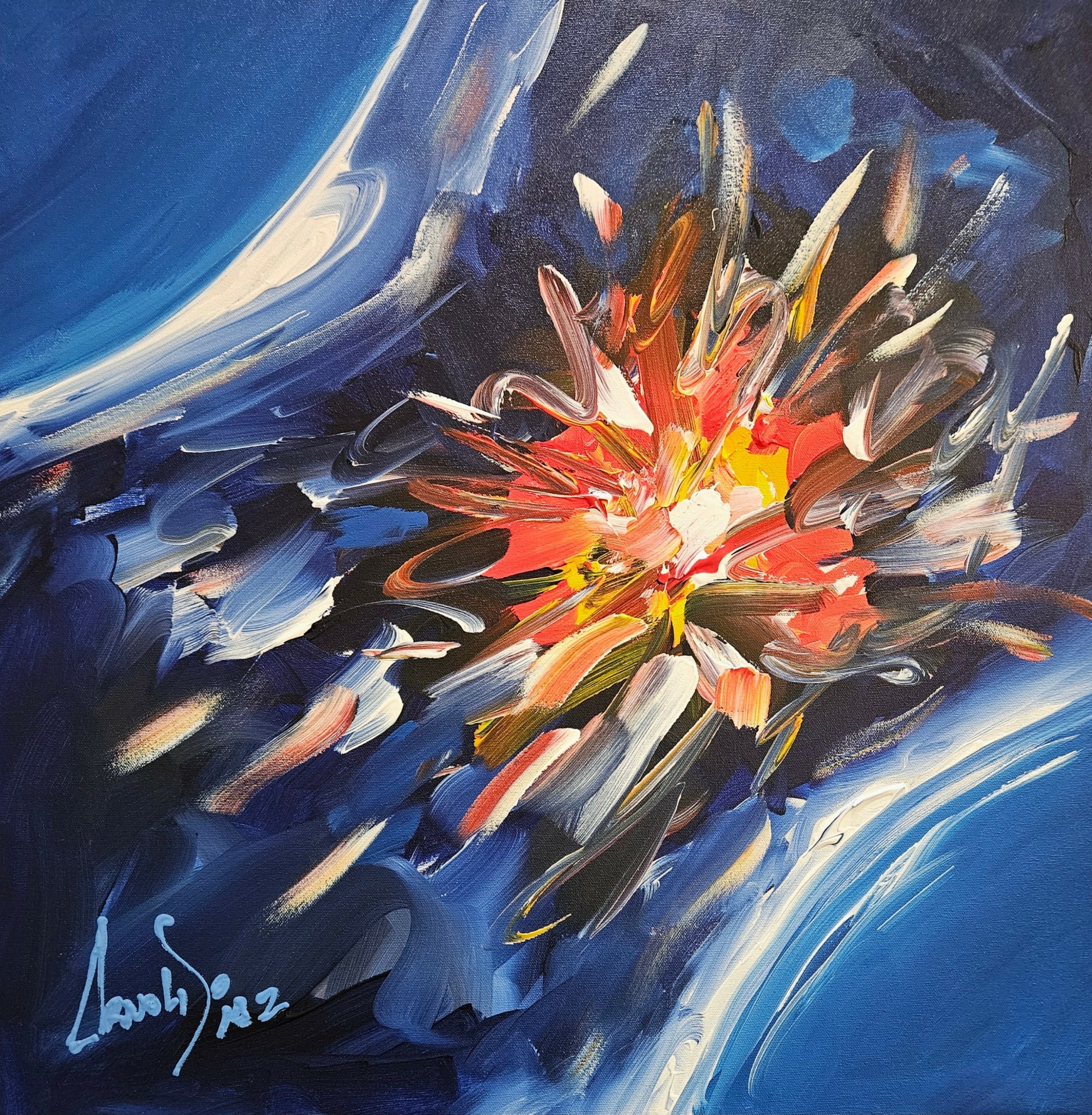 Abstract painting with a bright explosion of colors against a dark blue background.