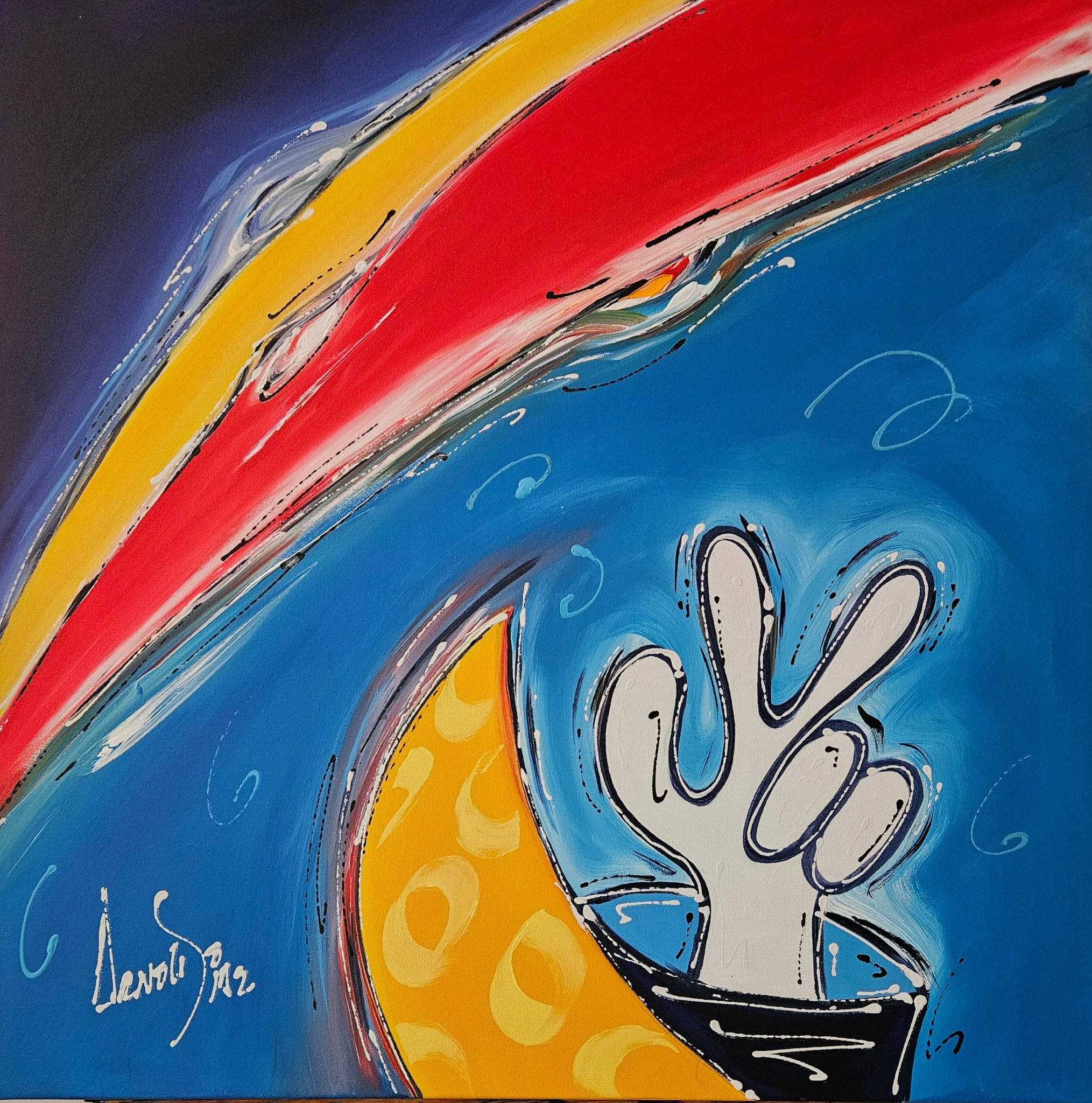 Abstract painting with colorful curved lines and a hand making a peace sign.