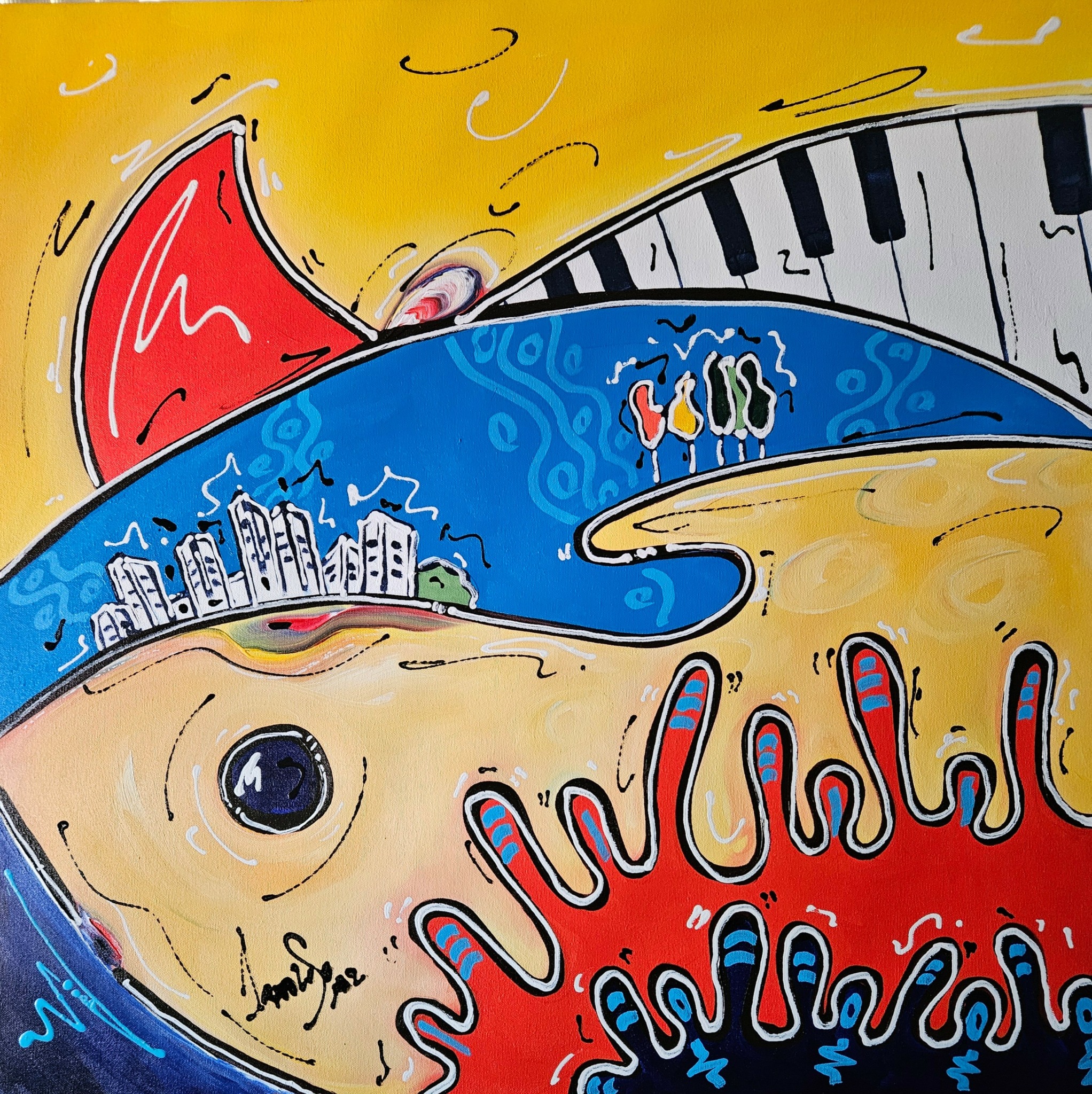 Abstract colorful painting with musical elements, buildings, and a large eye, featuring vibrant red, blue, yellow, and black colors.