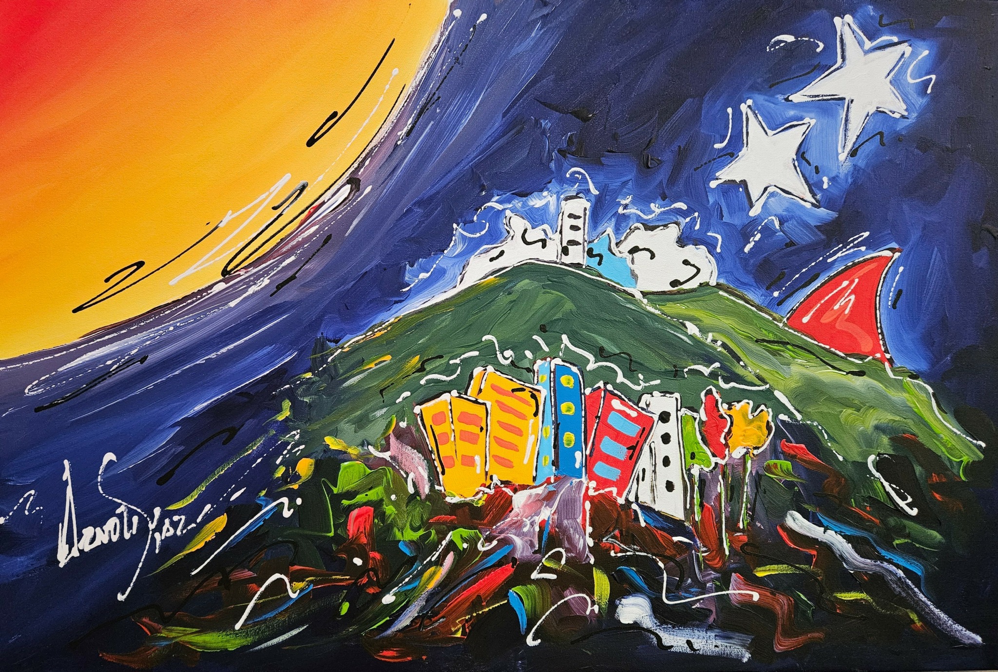 Colorful abstract painting of a hill with buildings, stars, and a large sun or moon in the sky.
