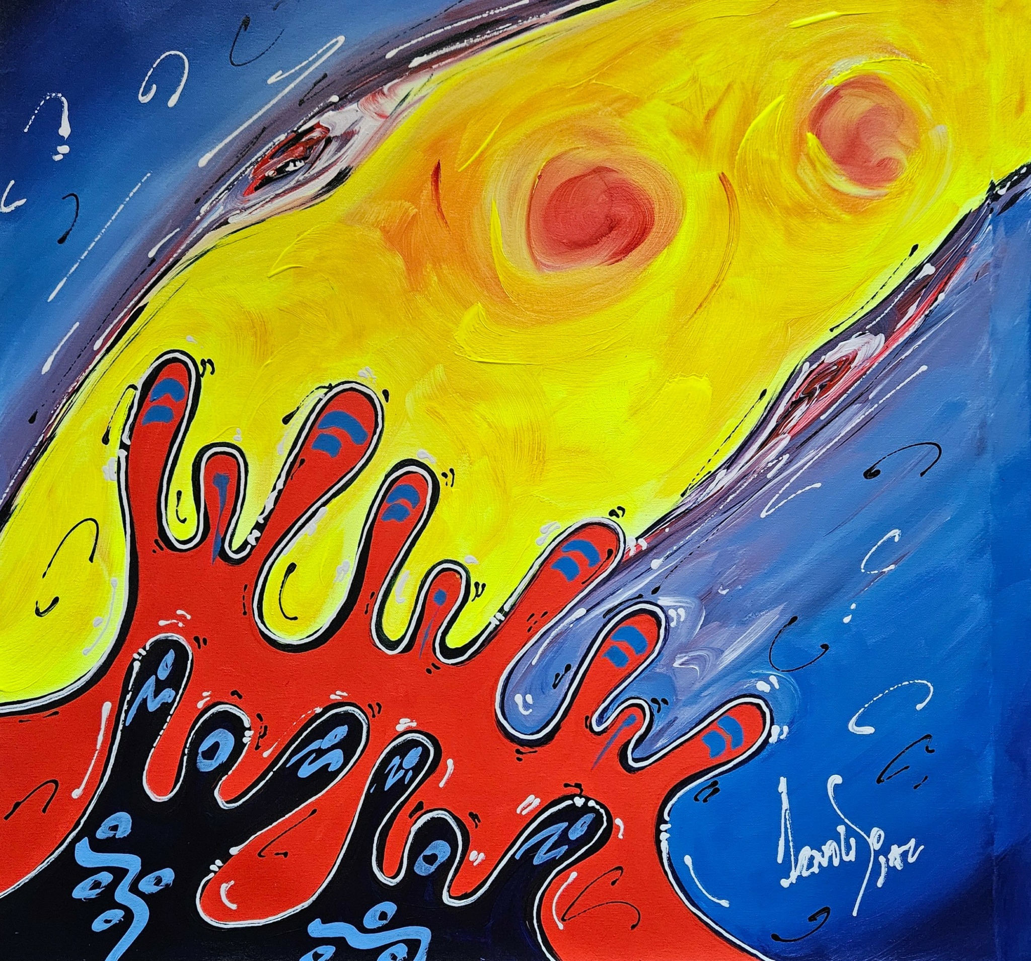 Abstract painting with red and black hands reaching toward yellow swirls and blue background.