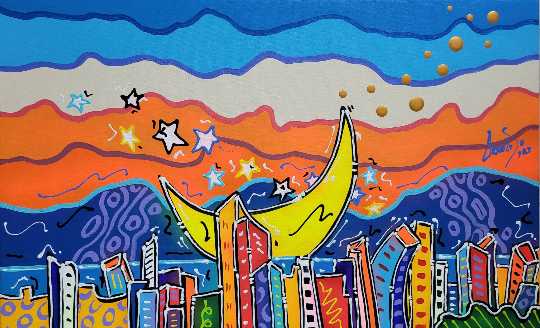 Colorful abstract cityscape with a large yellow crescent moon and star shapes in a vibrant sky.