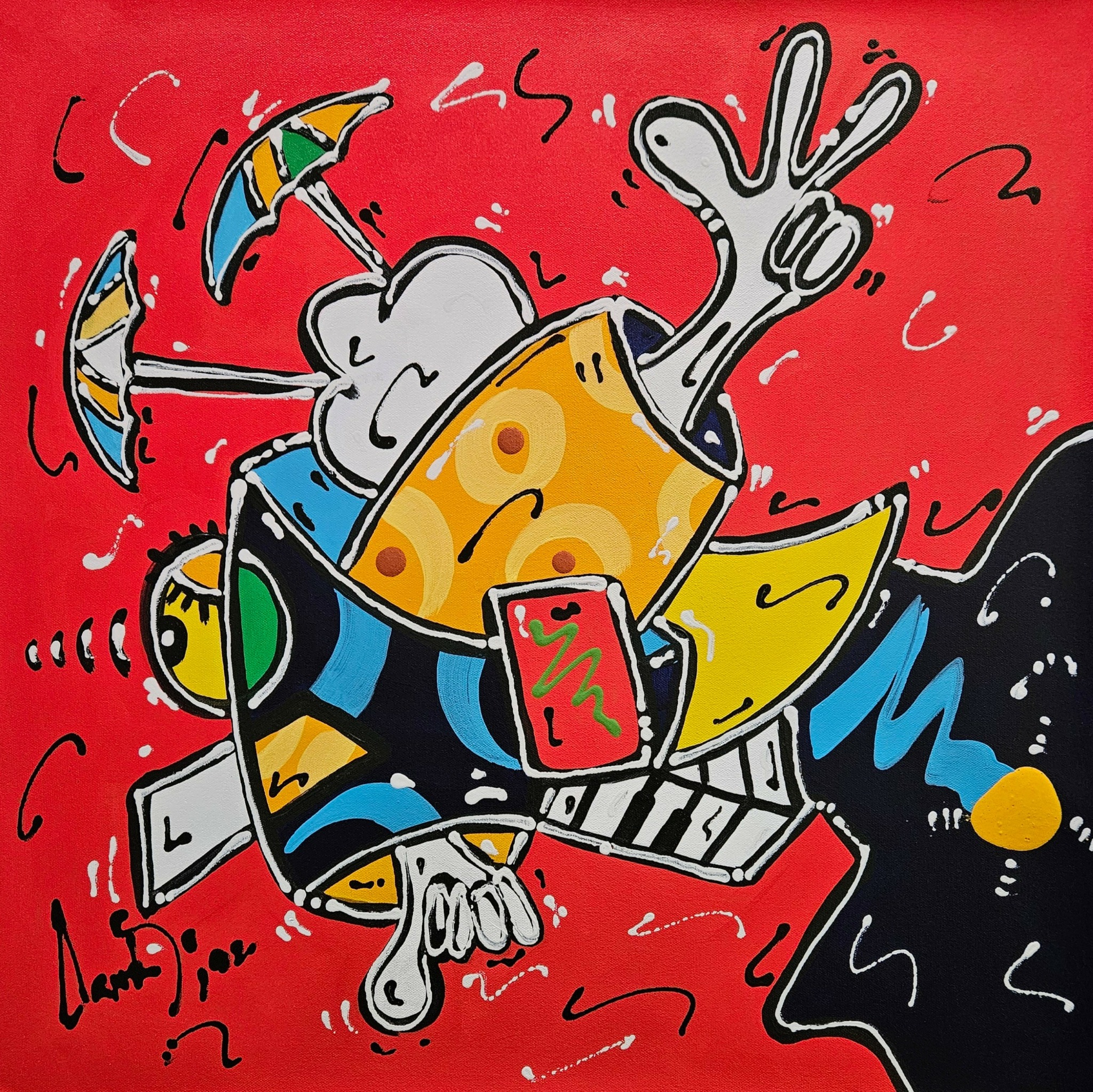 Cartoon character with a yellow face, wearing a colorful outfit, holding a peace sign, on a red background.