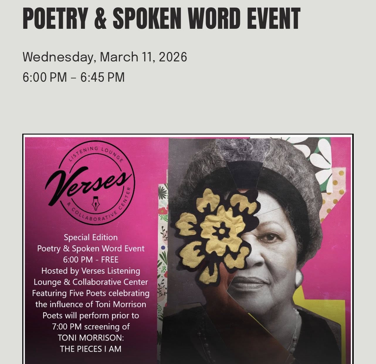 Event poster with a black and white photo of a woman wearing a hat, pink background, and event details.