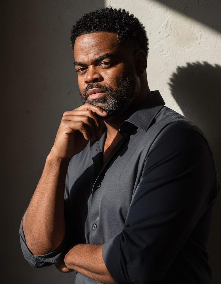 Man with a thoughtful expression, hand on chin, wearing a dark shirt, standing against a light background with shadow.