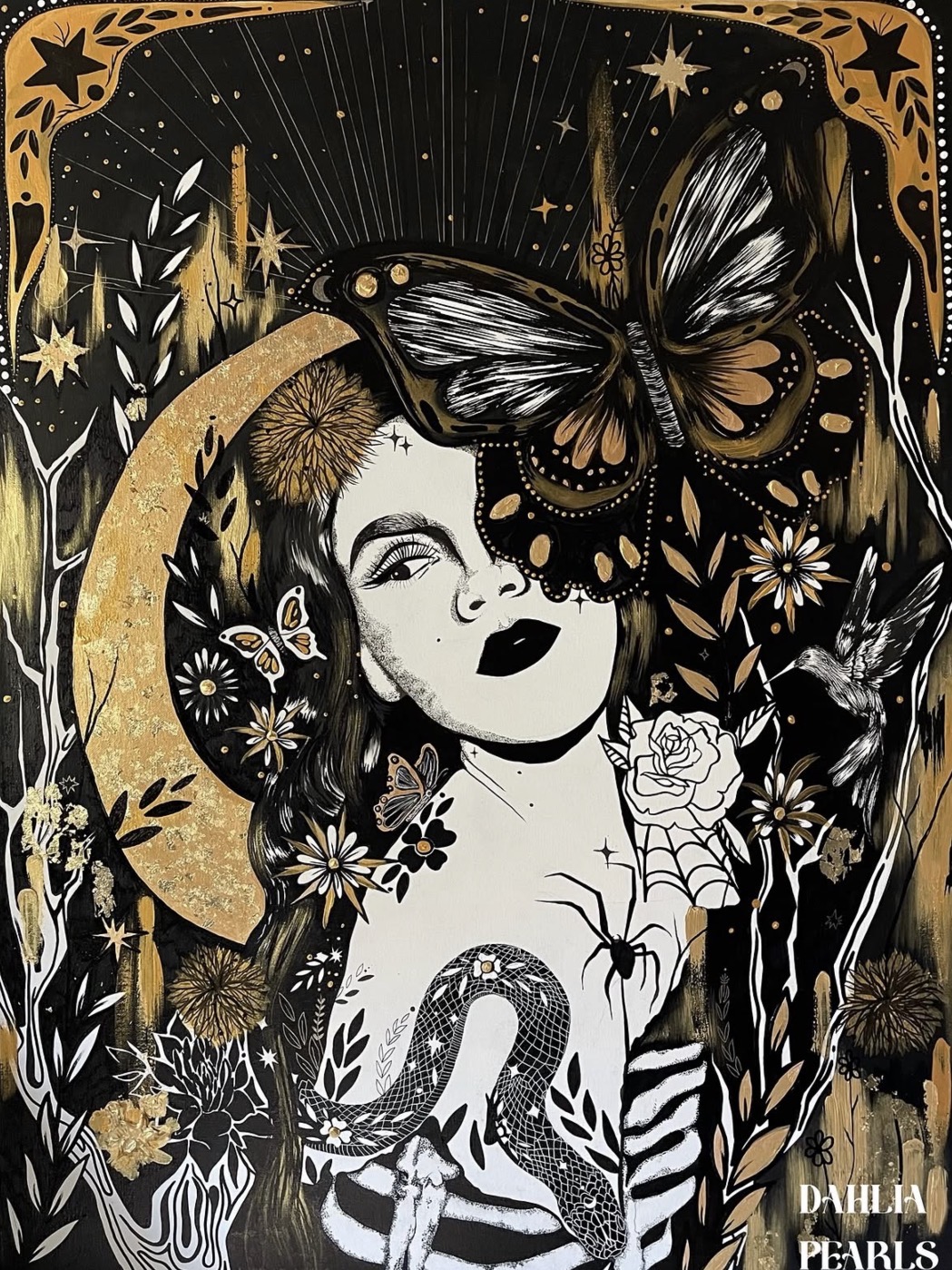 Black and white portrait of a woman with floral and celestial elements, large butterfly, and snake, with gold accents.