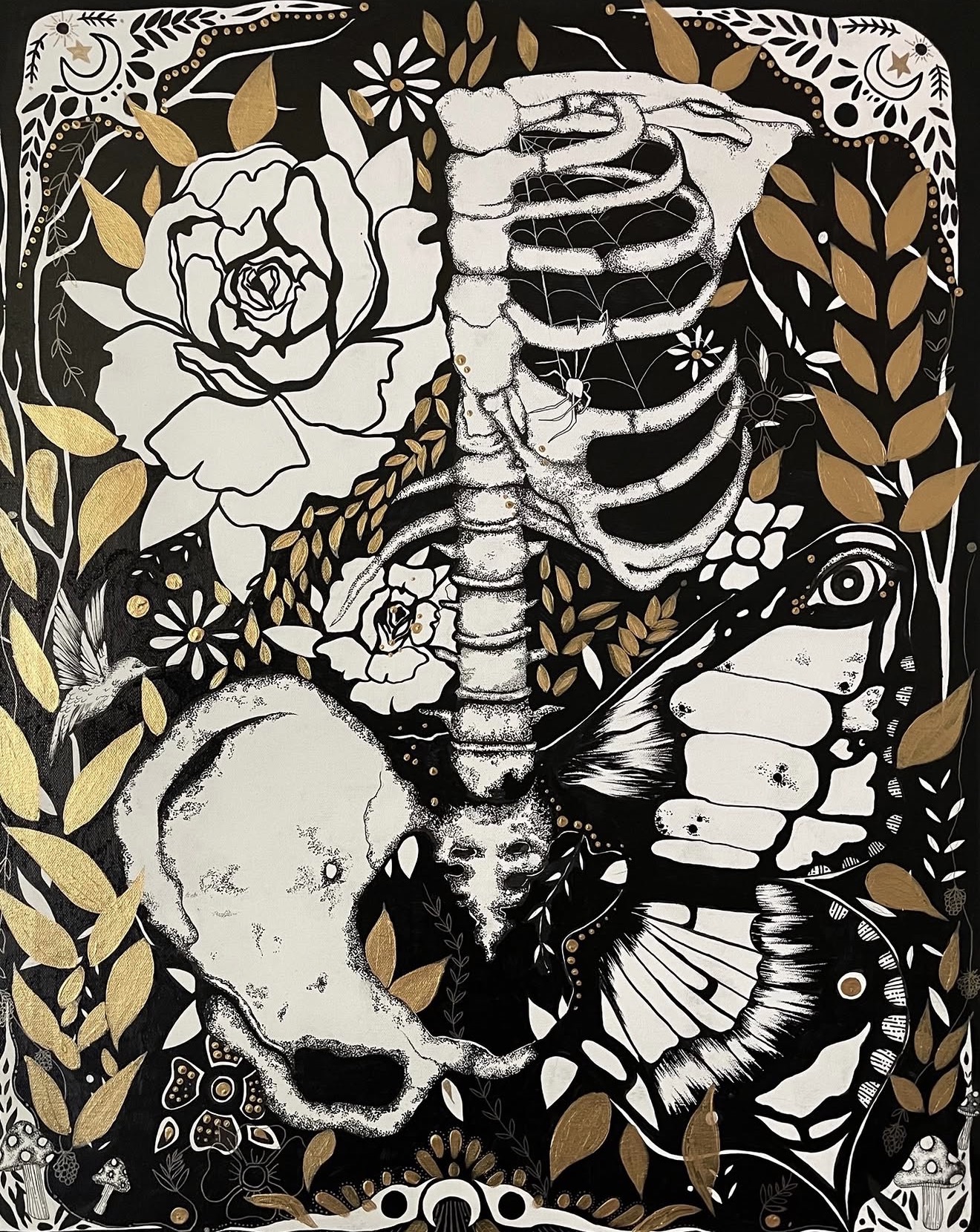 Black and white skeleton, butterfly, skull, roses, and leaves with gold accents on dark background.