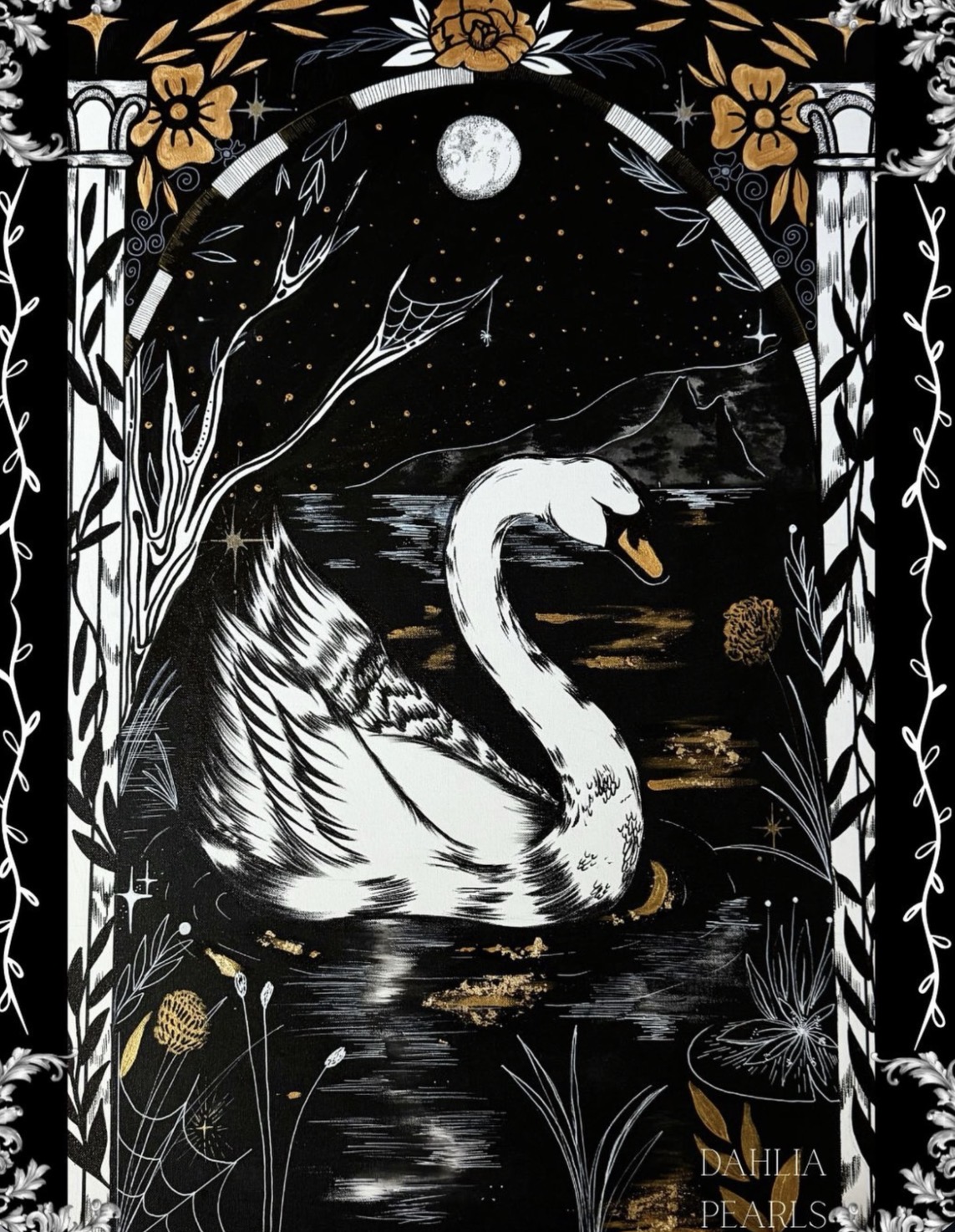 Swan on water under moonlit starry sky with floral and vine border, detailed black, white, and gold design.