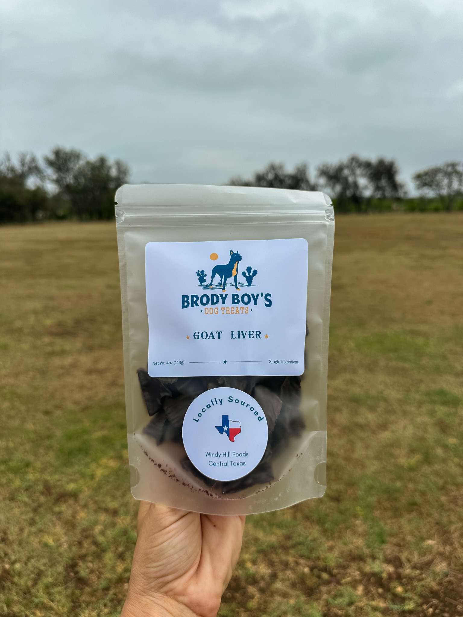 Hand holding a clear plastic bag with a label and round container inside, outdoors on grass field with cloudy sky.