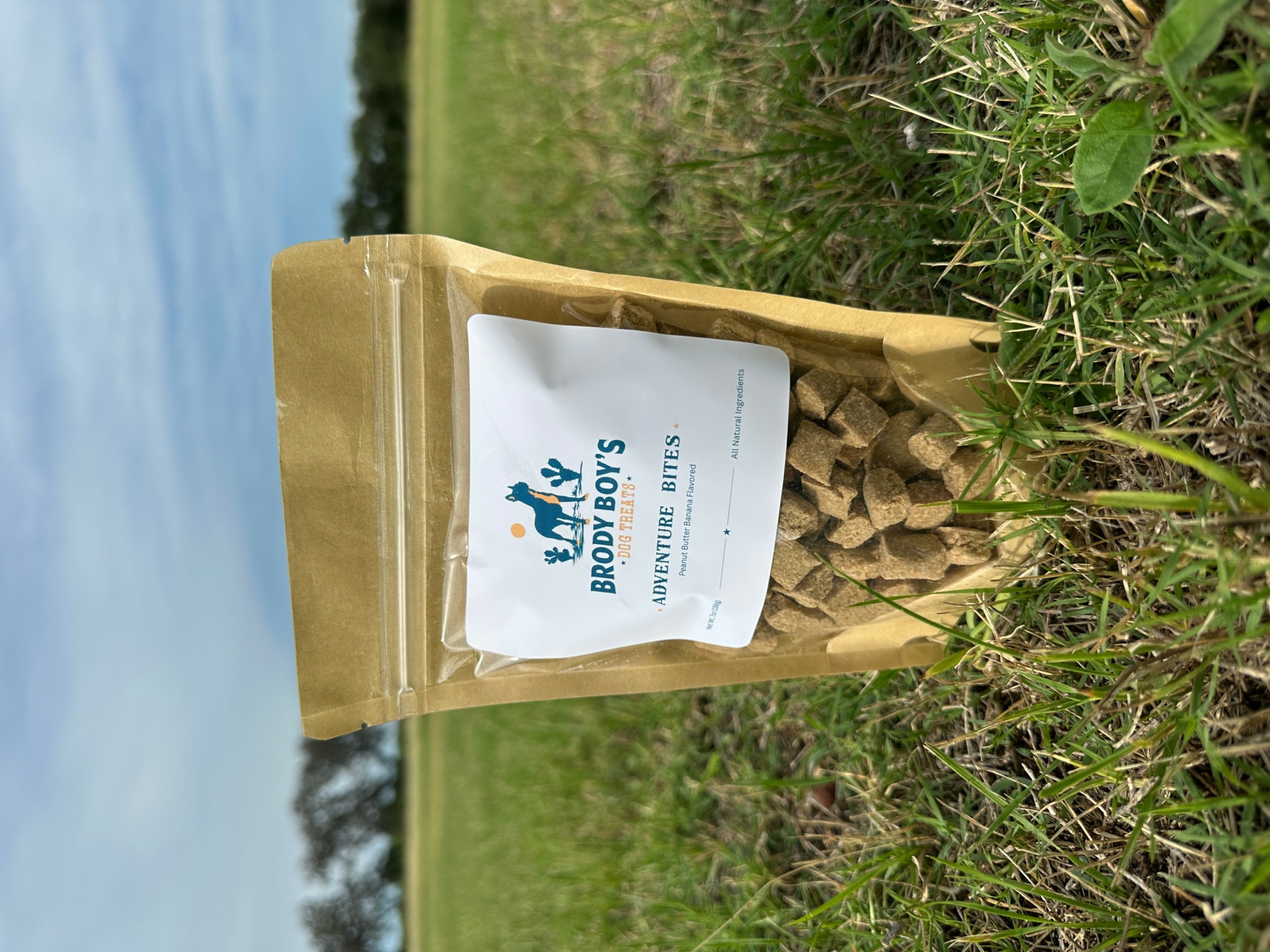 Clear plastic bag of dog food on grass with water and trees in background.
