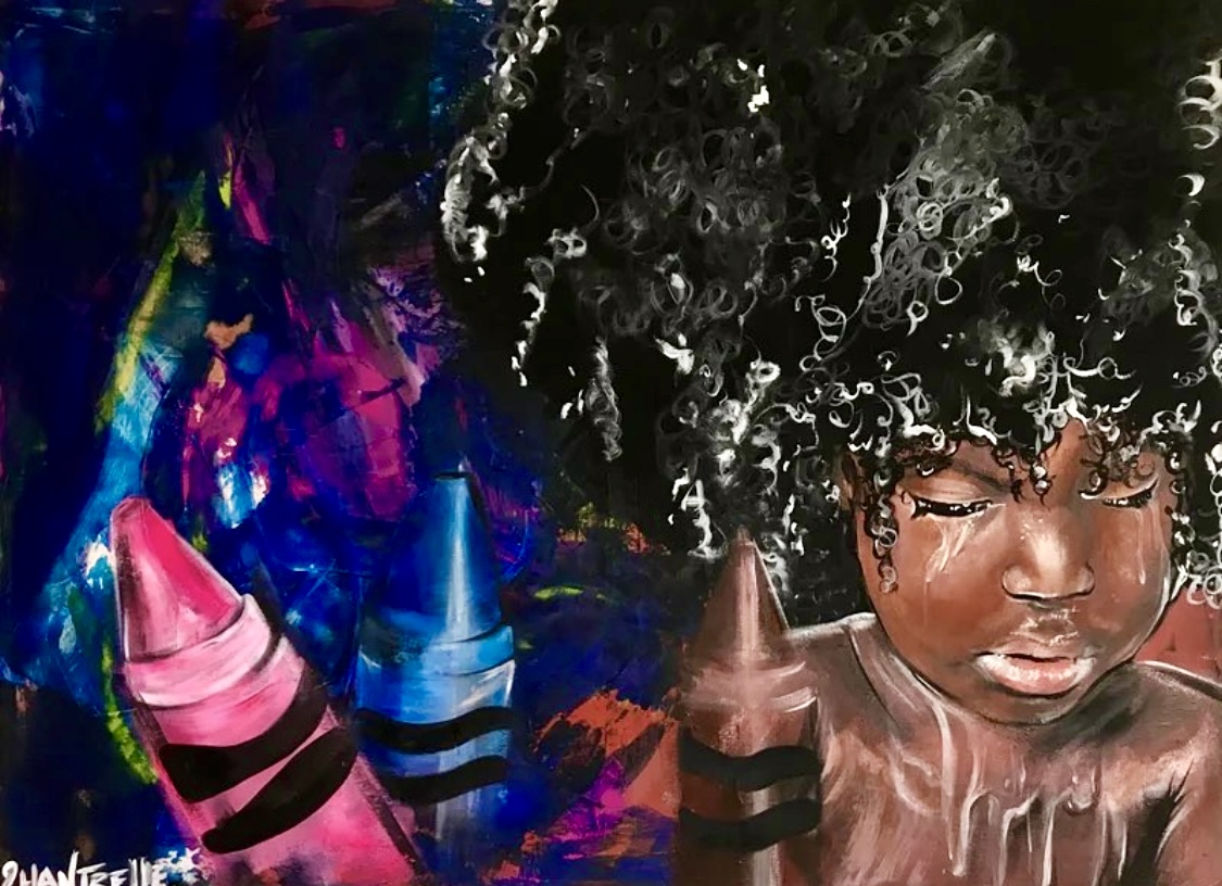 Child with curly hair and closed eyes, painted in dark tones, with colorful abstract background on the left.