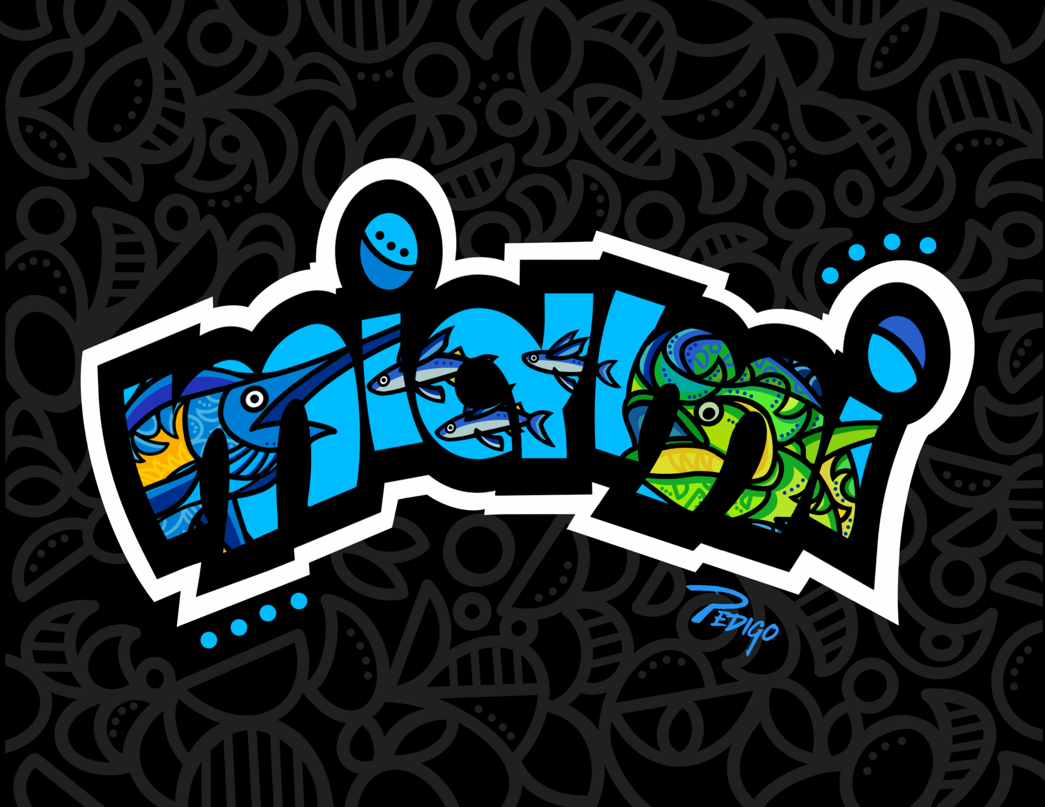 Colorful graffiti-style text with abstract shapes and characters on a black background.