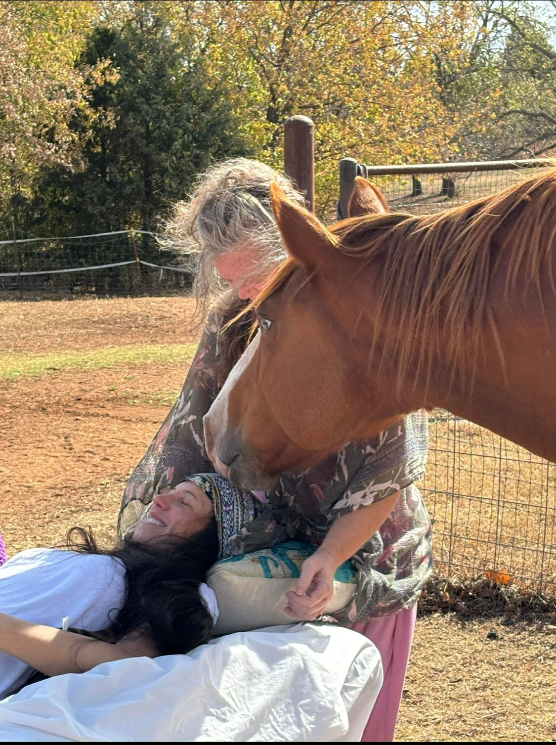 Person lying on a bed outdoors with a horse and a woman nearby, trees in the background.