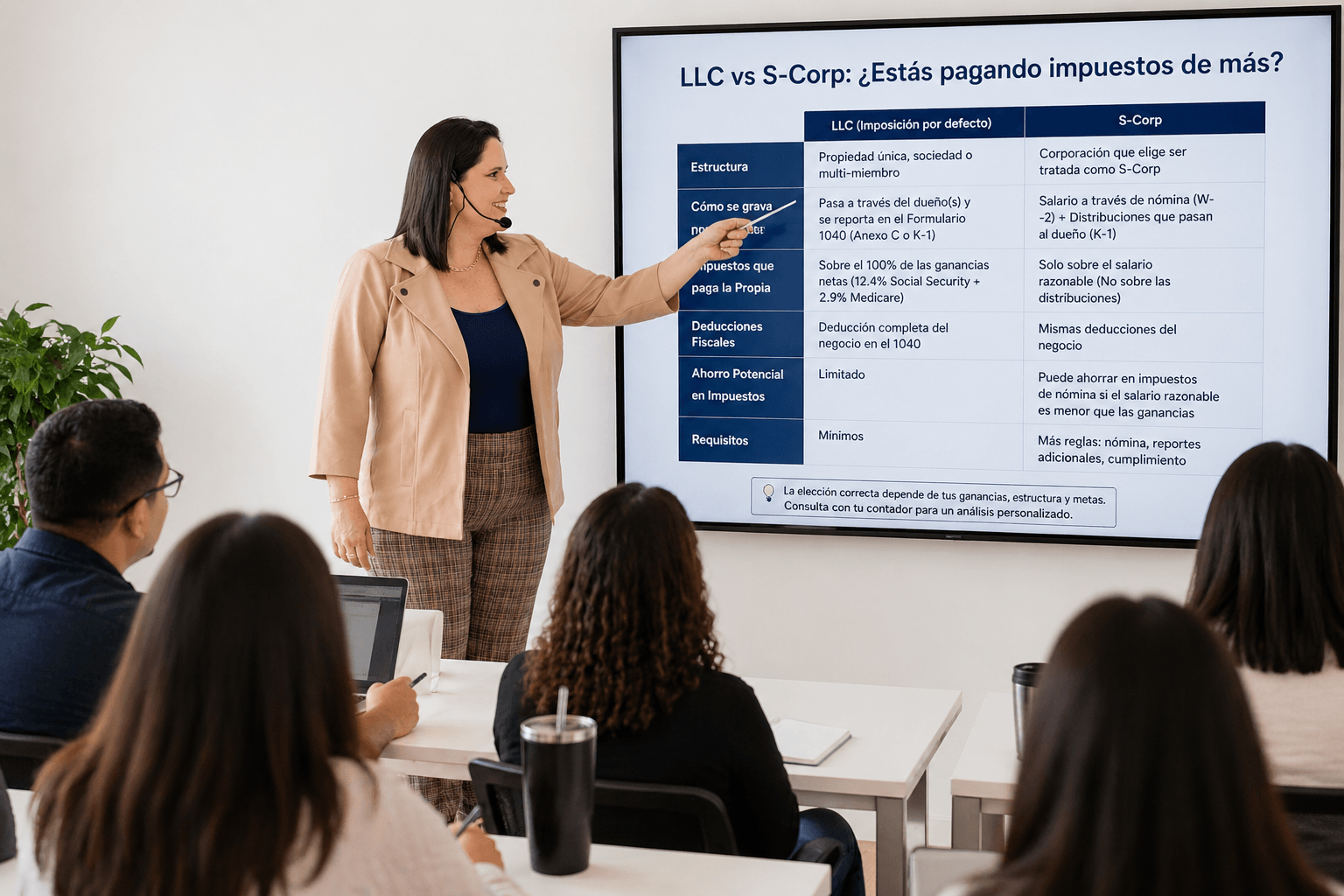 Woman presenting a slide to a group in a classroom or conference room, with people seated and taking notes.