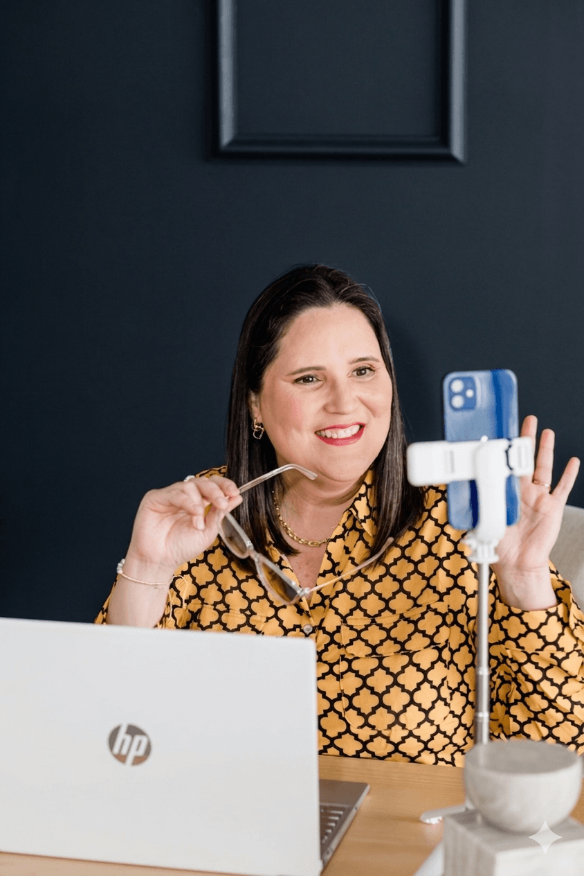 Woman smiling at a phone mounted on a stand, with a laptop and a cup on the table.