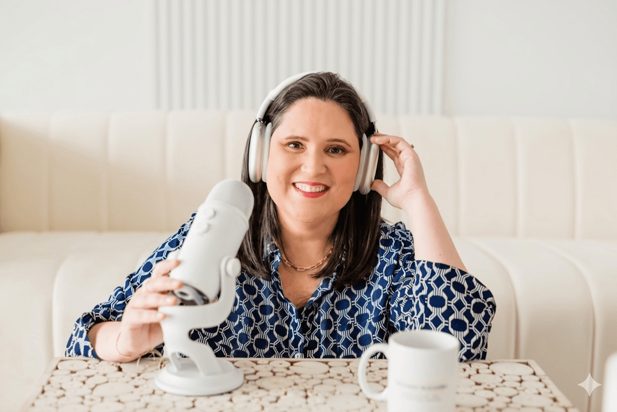 Woman with headphones speaking into microphone, sitting at table with mug, smiling, in a bright room.