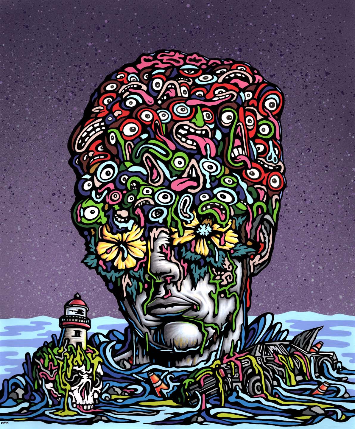 A large, surreal face made of colorful, abstract shapes and patterns, with a lighthouse on a small island nearby, under a starry sky.
