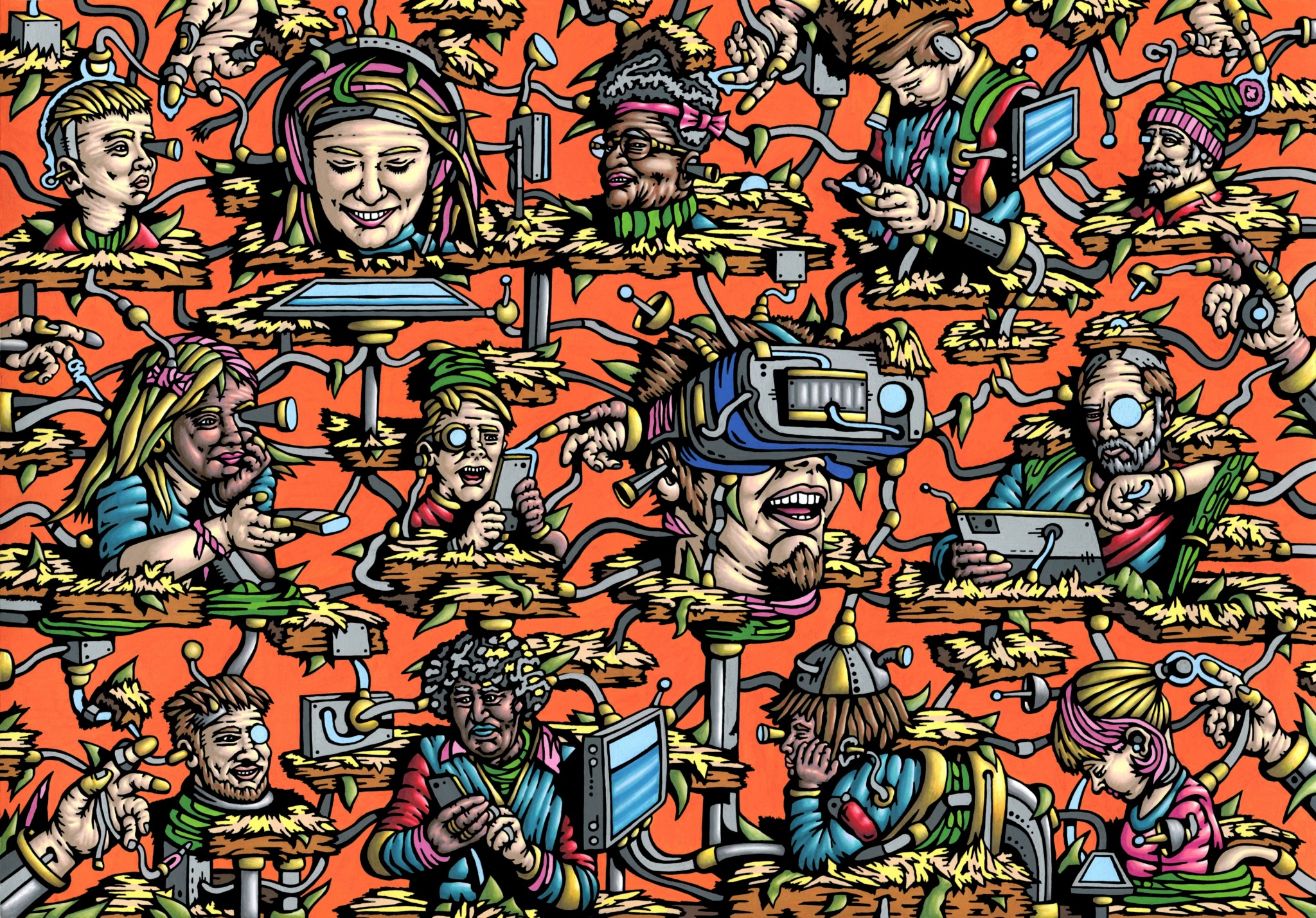 Multiple people with various hairstyles and accessories sit at tables, some using laptops and virtual reality equipment, on an orange background.